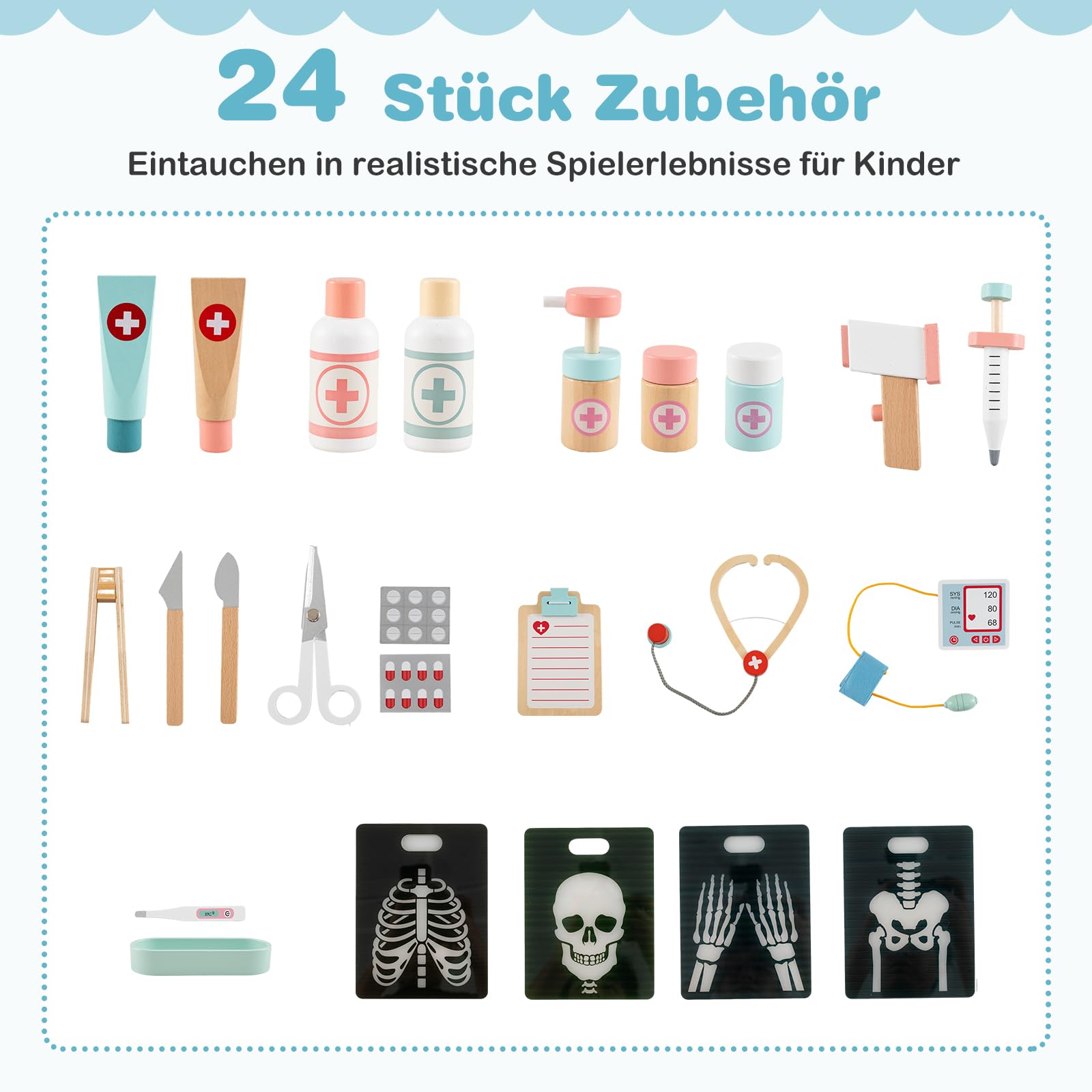 COSTWAY Krankenhaus Spielzeug, Doktor-Spielset Holz mit medizinischen Geräten & 24 Zubehör, inkl. Stethoskop & Blutdruckmessgerät & Spritze, Arzt-Rollenspiel für Kinder ab 3 Jahren (Blau)