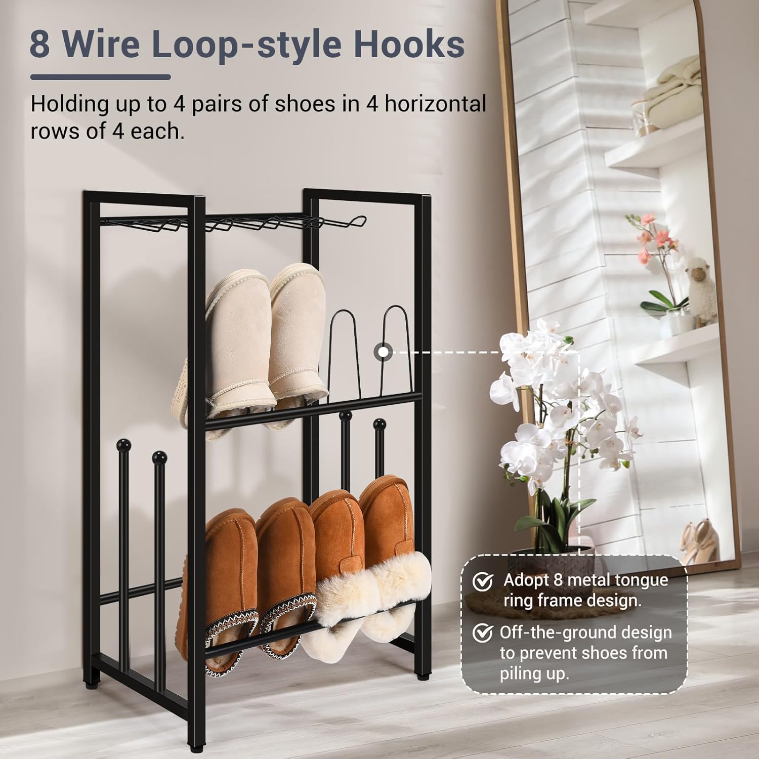 GADFISH Free Standing Shoe Racks, Vertical Boot Rack, Black Metal Boot Storage Organizer Tall Boots Organizer for Closet, Entryway, Shoe Rack for Boots, Sneakers, Fit 8 Pairs