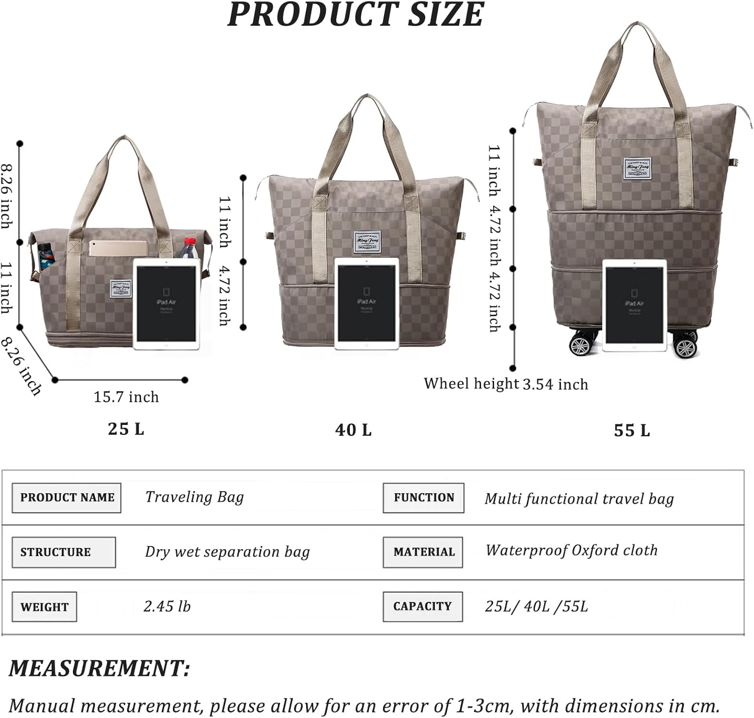 Expandable Foldable Duffel Bag Suitcases,Detachable Rolling Wheels,Rolling Duffle Bag with Wheels,Suitcase with Wheel,Carry on Luggage,Gift for Men Women Lightweight Suitcases (Khaki) - Image 6