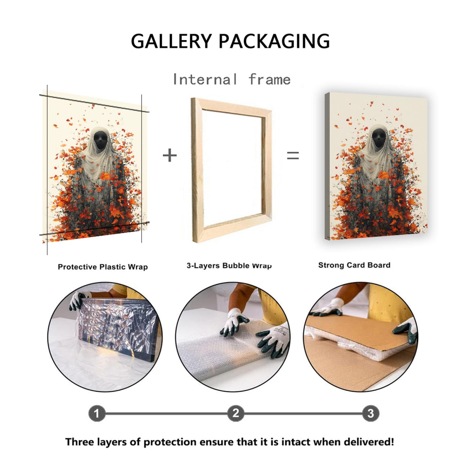 Via Vela horreur décor style impression sur toile art mural abstrait nature sauvage orange feuilles d’érable et mystérieux fantôme affiche peinture pour café décor 60x90cm cadre intérieur