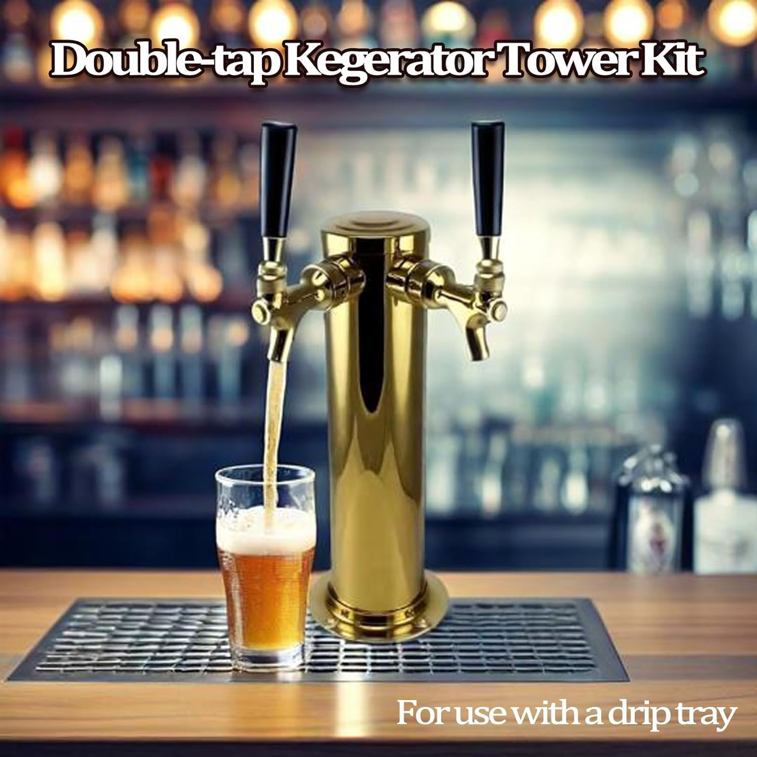 Draft Beer Dispensing Tower, 2 Faucets Stainless Steel Kegerator Tower, Polished Beer Conversion Kit, As A Gift for Father's Day, Gold