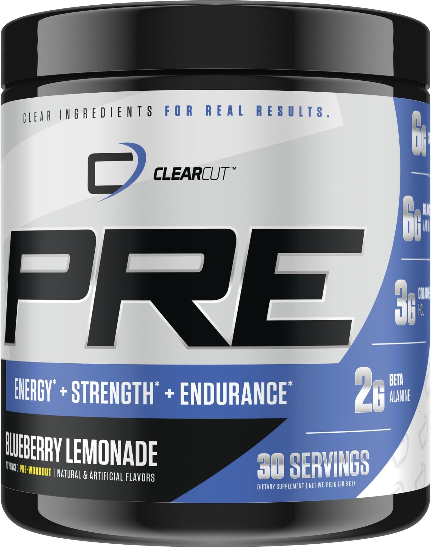 ClearCut PRE, Advanced Pre-Workout with Citrulline Malate, Creatine, BCAAs, Choline, Beta Alanine, 30 Servings (Blueberry Lemonade)