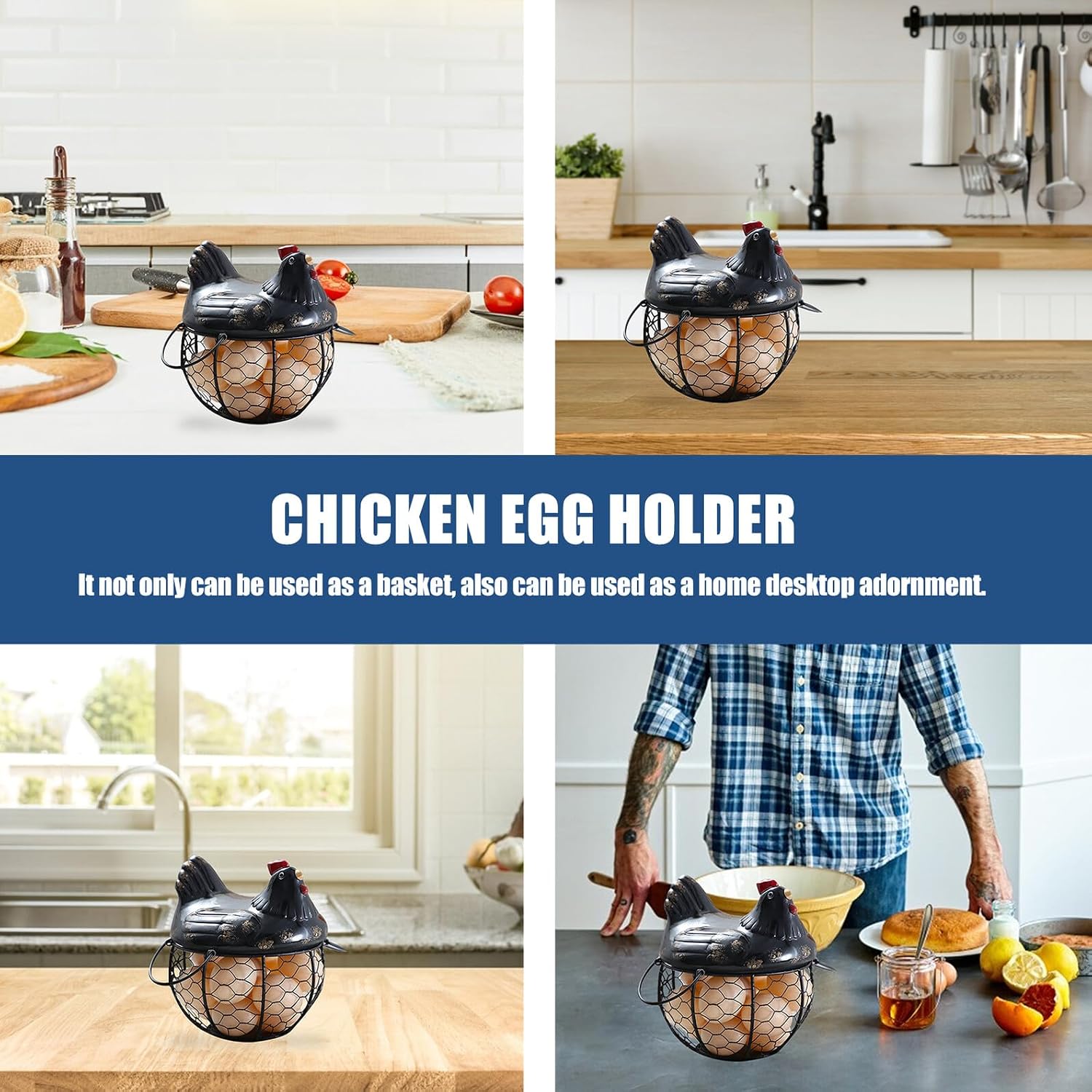Iron Poultry Design Egg Basket Compact Dark Snack Holder Kitchen Storage Organizer for Countertop and Home Use