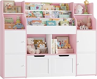 FOREHILL Toy Storage Unit 3-tier Kids Bookshelf Childrens Bookcase Kids Storage with 4 Doors, 6 Open Shelves, 2 Drawers with Wheels for Playroom Nursery Furniture 122x30x100cm White+Pink
