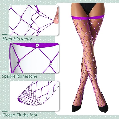 Vista 4 de Vicenpal 3 piezas medias altas de red para mujer, medias elásticas con diamantes de imitación, medias de red de pez, medias