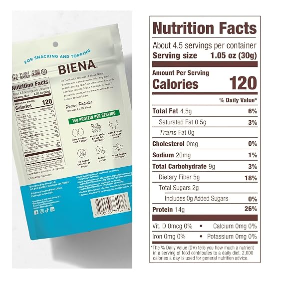 Biena Edamame Beans Snack High Protein Snacks Healthy Sugar Free Snacks For Adults and Kids, Salt & Oil Free, 13g of Protein, 130 Low Calorie, Crunchy Edamame, Vegan, Low Carb, Gluten-Free, Naked - No Salt, 3 pk, 4.75oz Bag