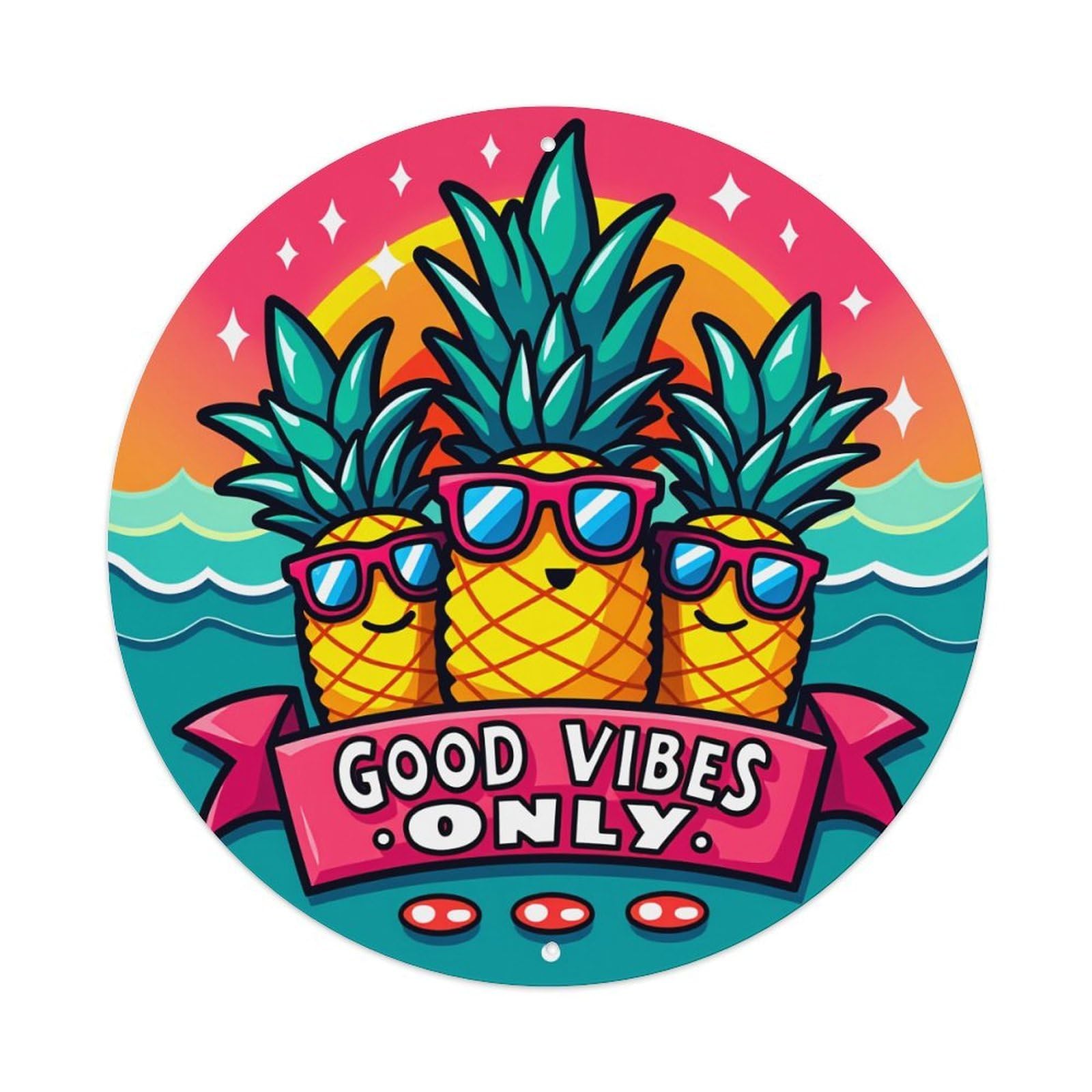 Pineapples With Sunglasses And Ocean Background Round Vintage Tin Sign,Retro Wall Art,Metal Poster for Home, Bar, Garage, Cafe, Rustic Indoor & Outdoor Decor, 8x8 Inches