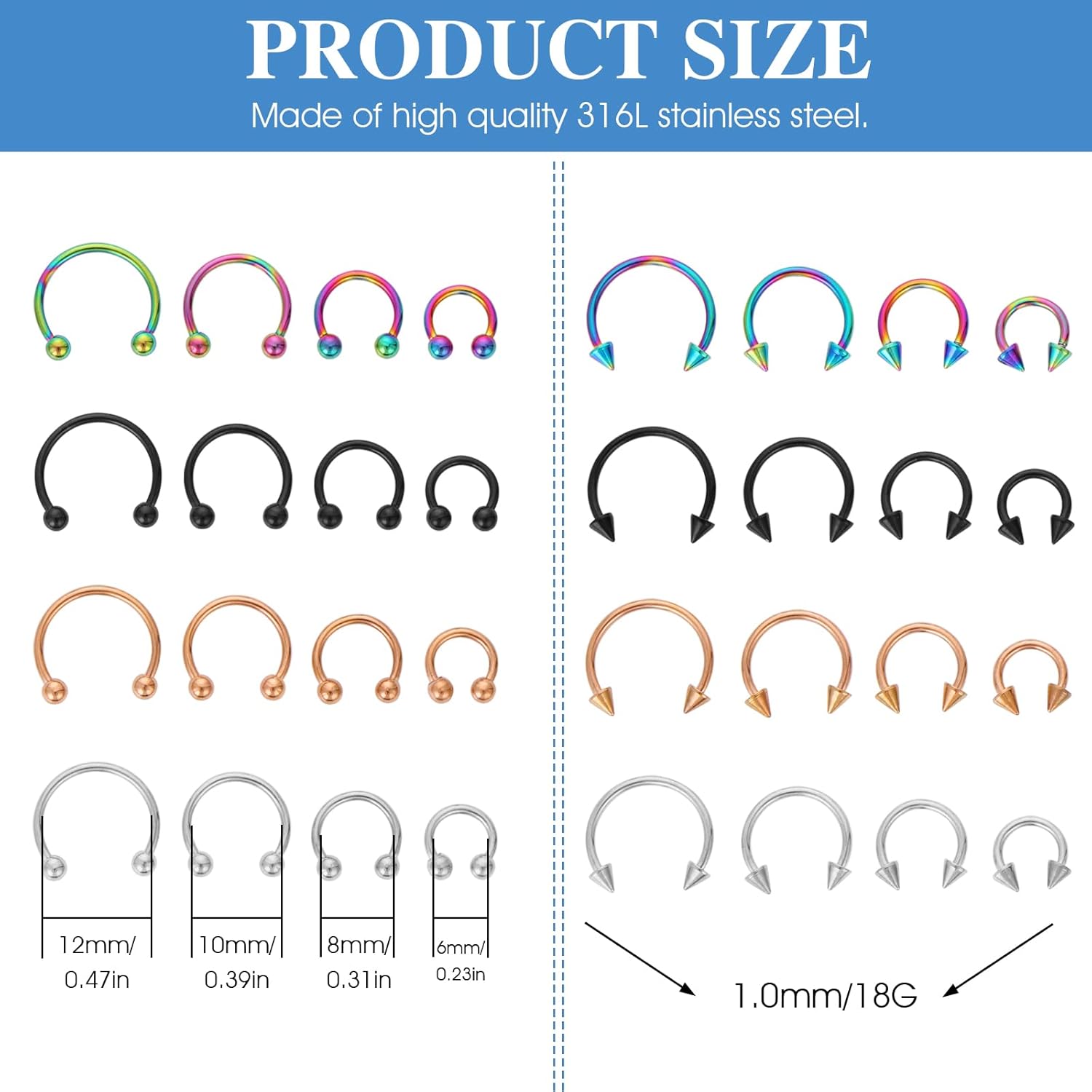 32 Pcs Septum Rings, 18G Horseshoe Piercing Ring for Women Men, Variety of Sizes Surgical Steel Horse Shoe Nose Rings, Nose Septum Horseshoe Hoop Earring Eyebrow Earring Hoop Lip - Image 2