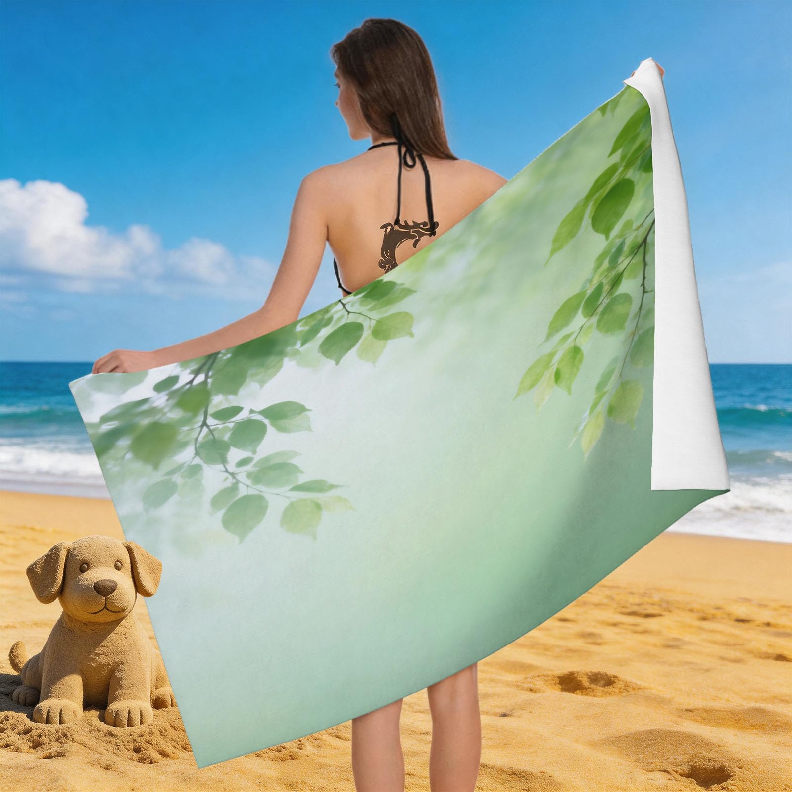 Leichong 3D Green Leaves Beach Towel Large Microfiber Soft Quick Dry for Adults, Green Plants Bath Towel Lightweight Soft Absorbent for Travel Swimming Pool Sports, 80 x 160 cm