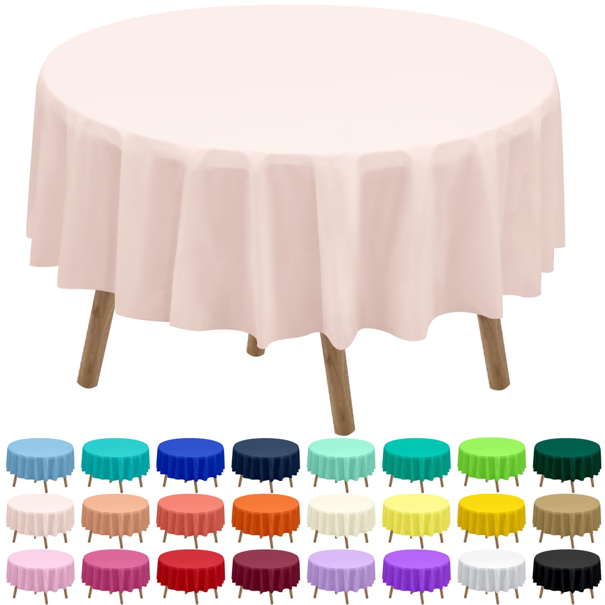 Photo 1 of Blush Pink Plastic Tablecloths 2 Pack Light Peach Disposable Table Covers 84 Inch Circle Bridal Shower Party Tablecovers PEVA Table Cloths for Picnic Birthday Wedding Parties 6 ft Round Table Use