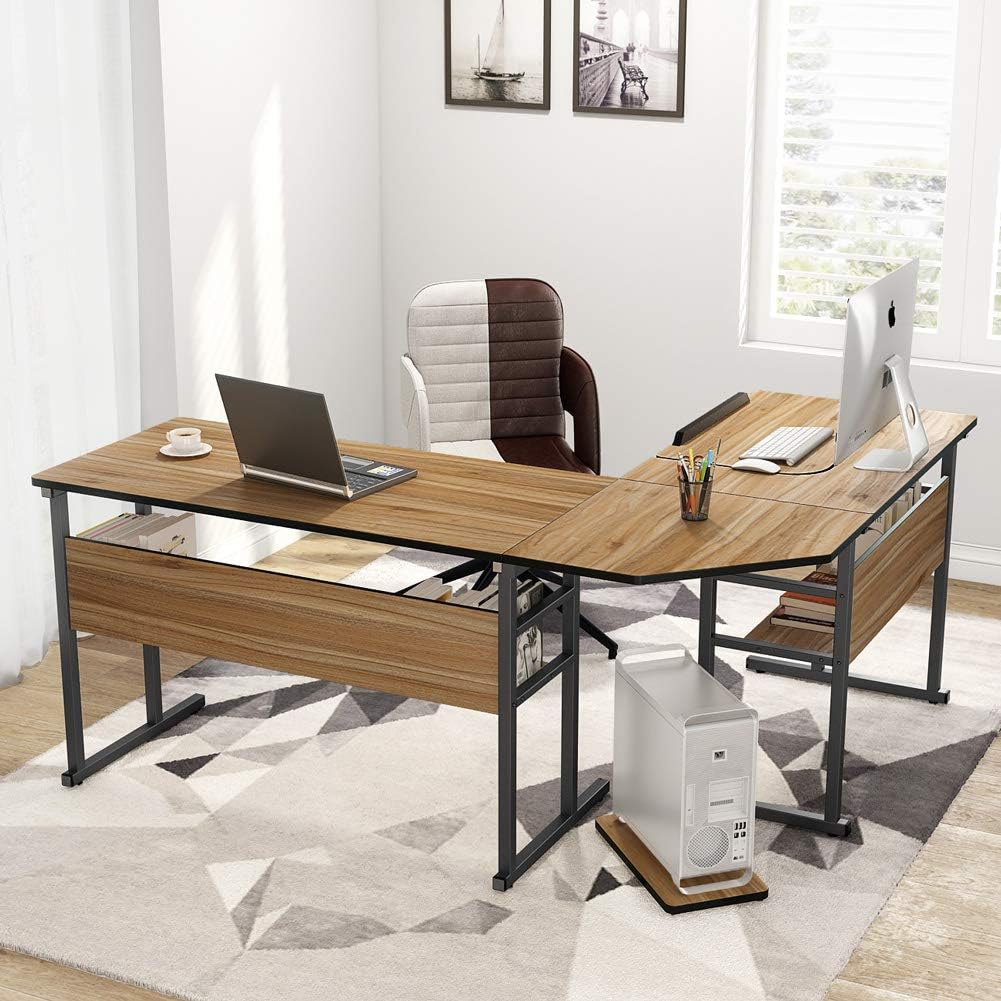 Tribesigns Modern L-Shaped Desk with Bookshelf, 67 inch Double Corner Computer Office Desk Workstation Drafting Drawing Table with Tiltable Tabletop for Home Office (Oak)
