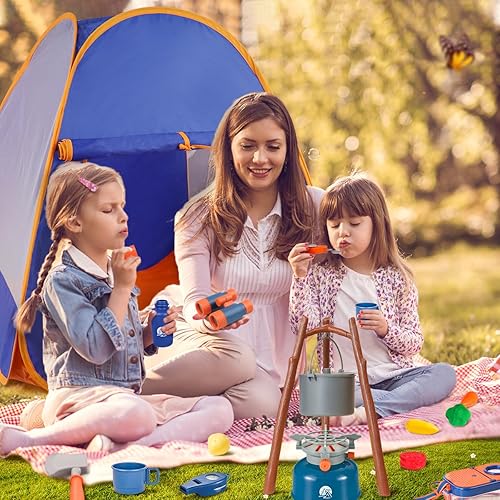 Vista 22 de Meland Juego de campamento para niños con tienda de campaña, juguetes para niños con fogata, juguetes de campamento para niños en interiores