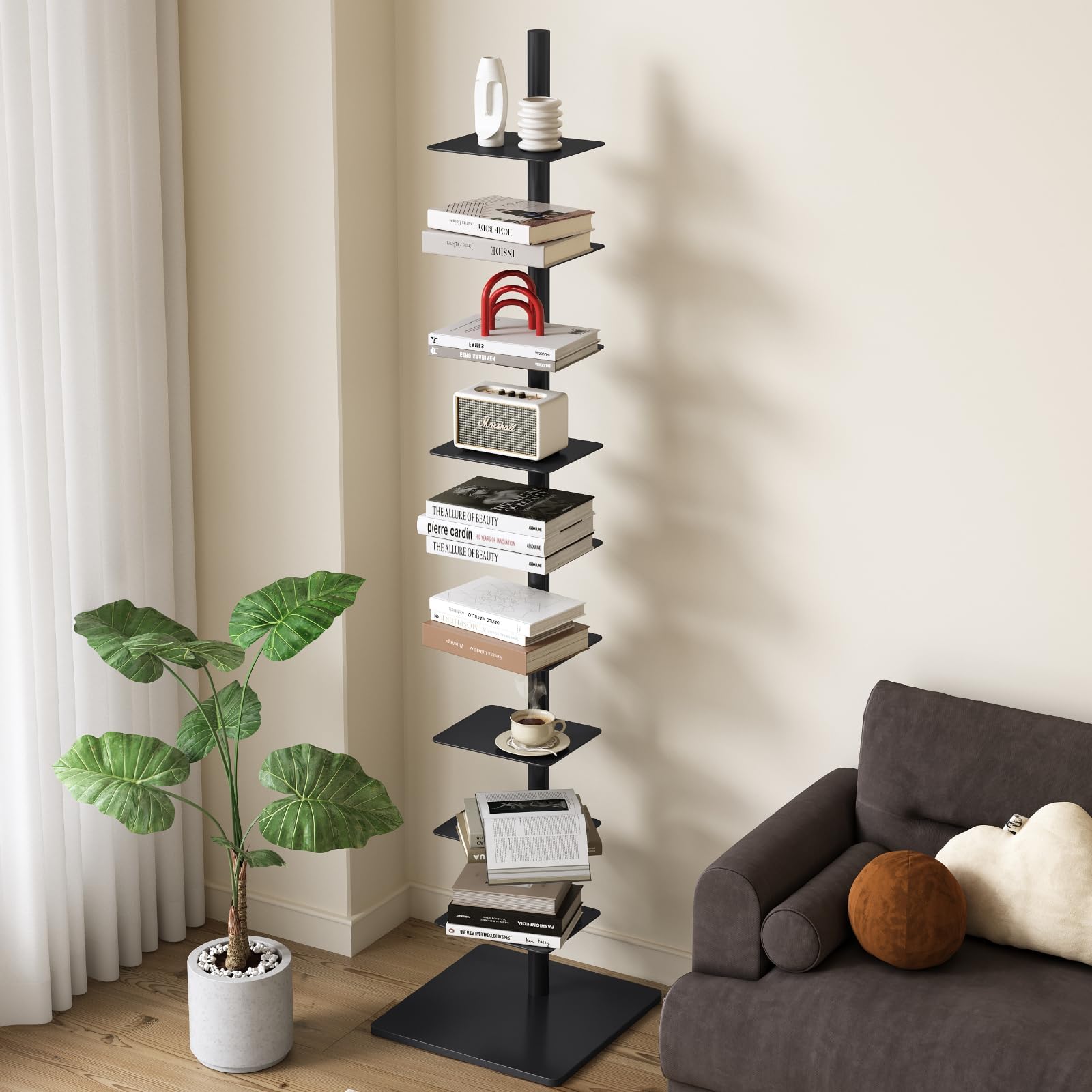 9-Tier Metal Spine Bookshelf - Tall Narrow Ladder Book Tower, Corner Shelf for Small Space, Multipurpose Display Shelf for Home Office (Black)
