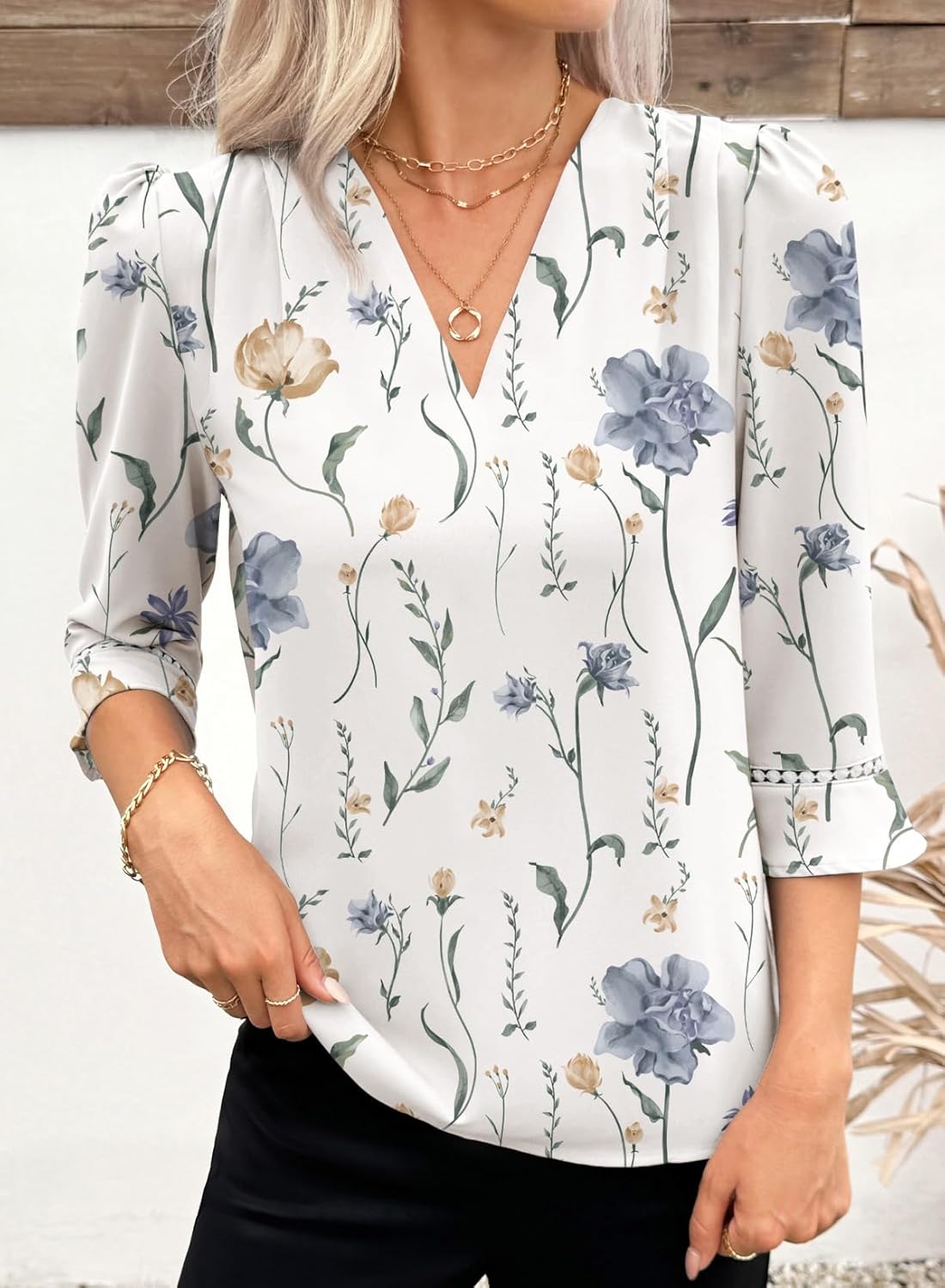 EVALESS Women's 3/4 Sleeve Tops Dressy Casual Pleated V Neck Business Work Blouses Office Shirts - Image 3