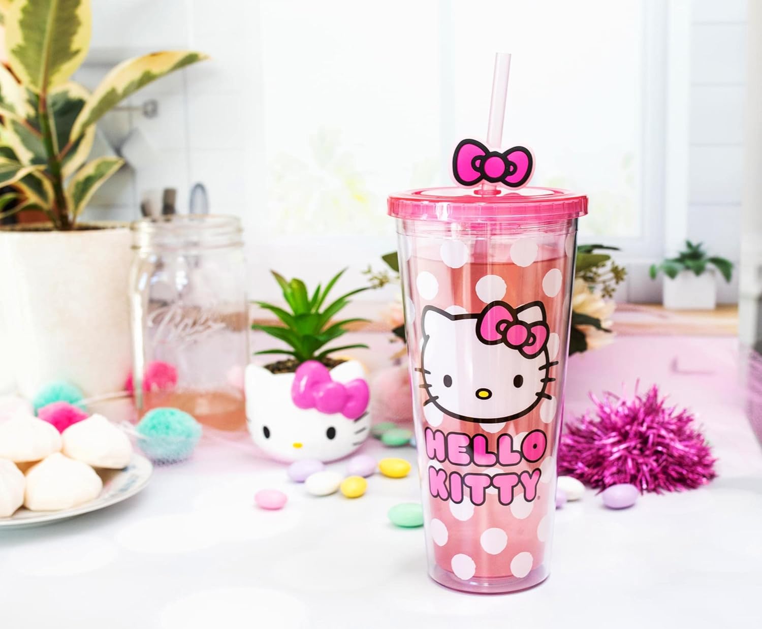 Silver Buffalo Sanrio Hello Kitty Bow Pink Polka Dots Plastic Cold Cup with Lid and Straw Topper, 24 Ounces - Image 5