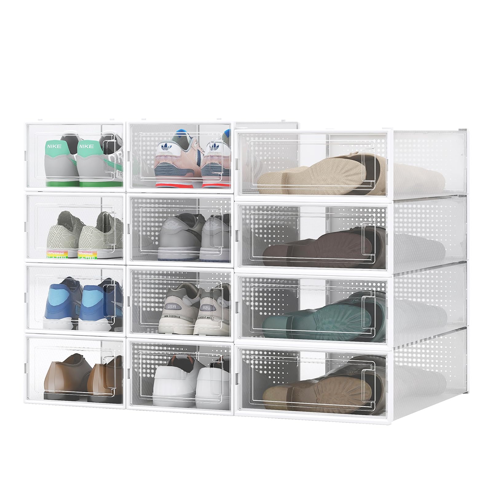 PARANTA4-Piece Boots and 8-Piece Shoes Storage Boxes, Stackable Clear Plastic Shoe Organizer with Clear Door for Storing Shoes