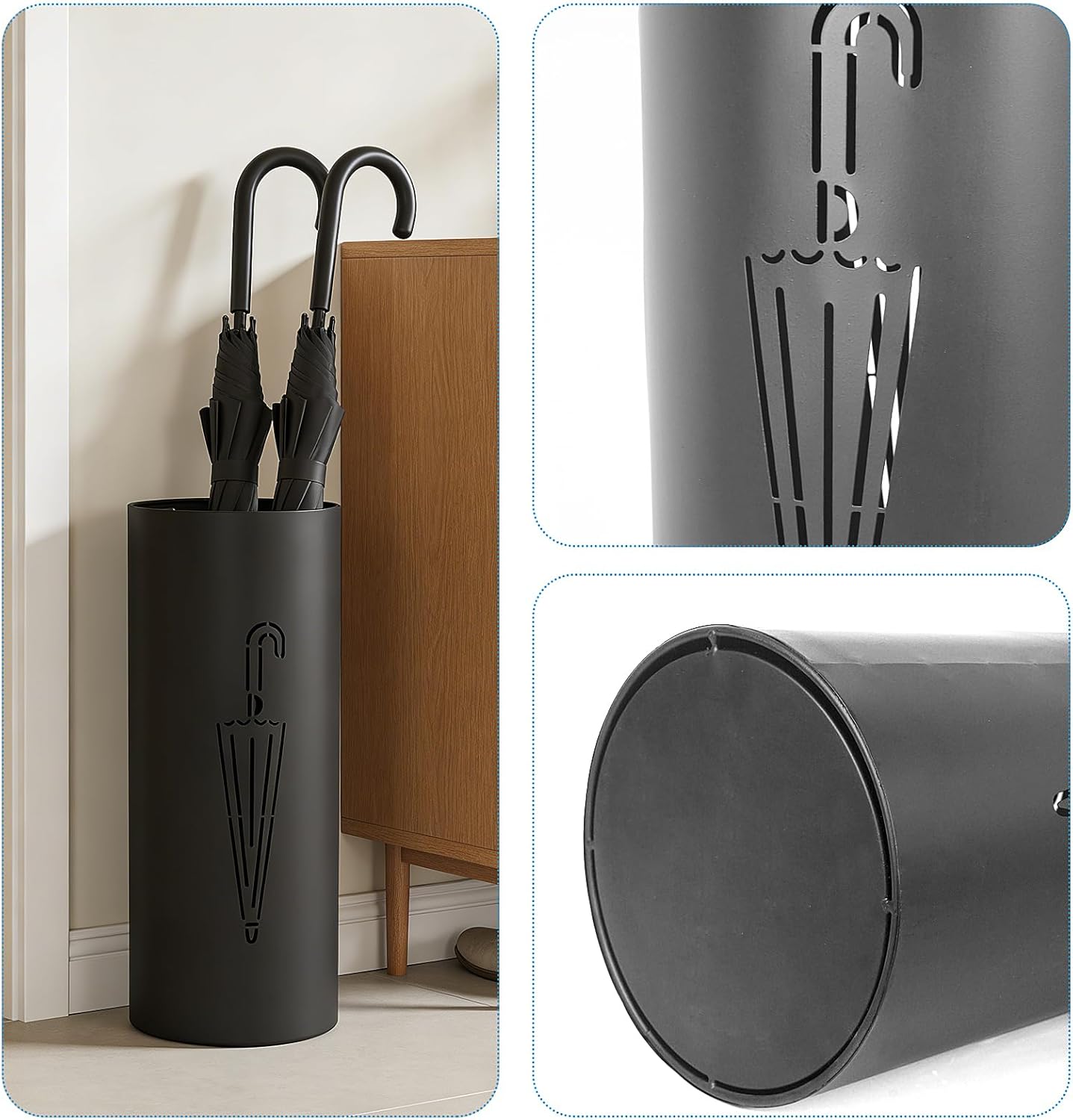 DreamsEden Metal Umbrella Stand Holder - Round Umbrella Rack with 3 Hooks, Standing Bin Organizer for Entryway Home & Office for Umbrellas Canes Walking Sticks (Black)