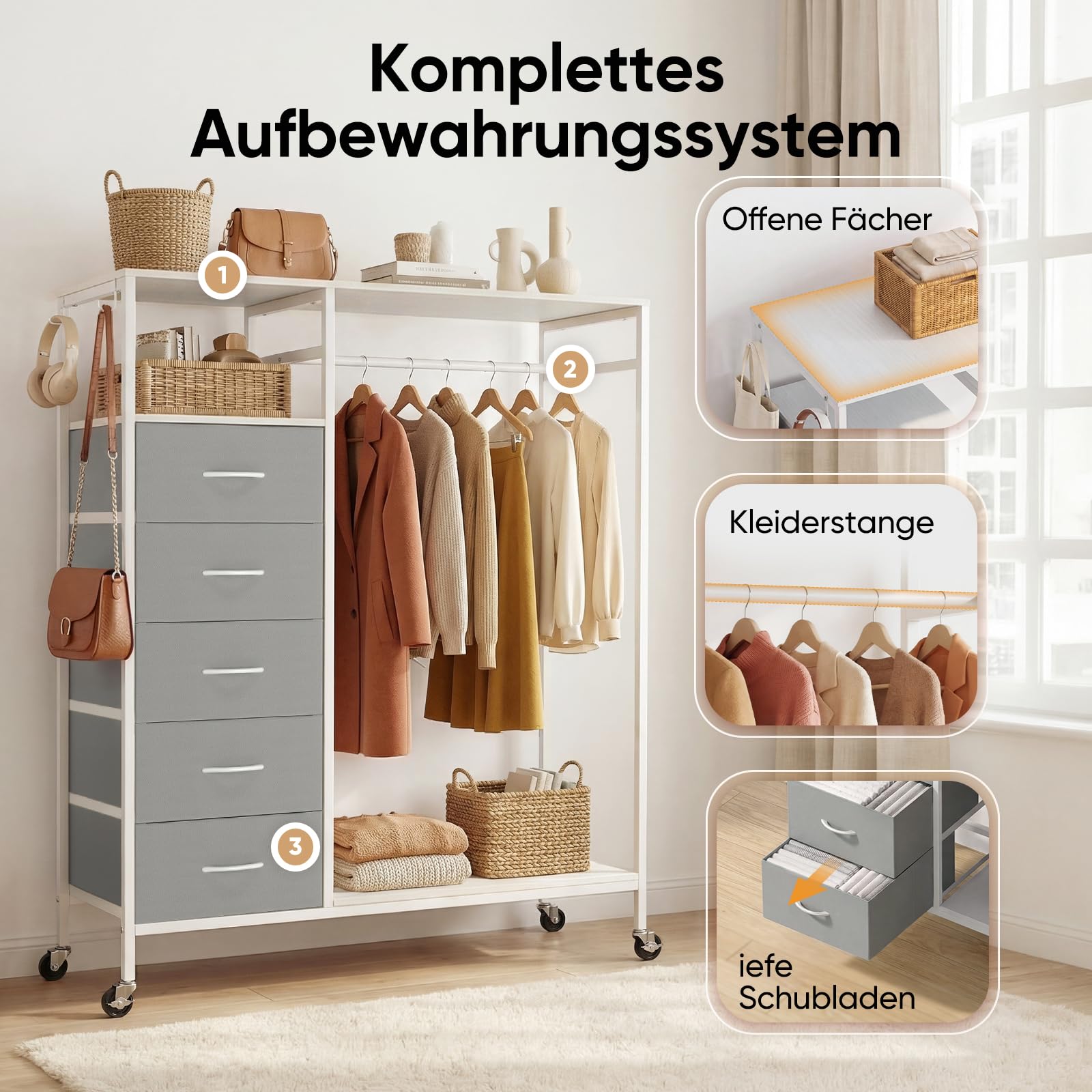HOKEEPER Kleiderständer auf Rollen | Kleiderstange, Kleiderschrank, Clothes Rack, 4 Rollen, 2 feststellbar, einfache Montage, langlebig, Offener Kleiderschrank