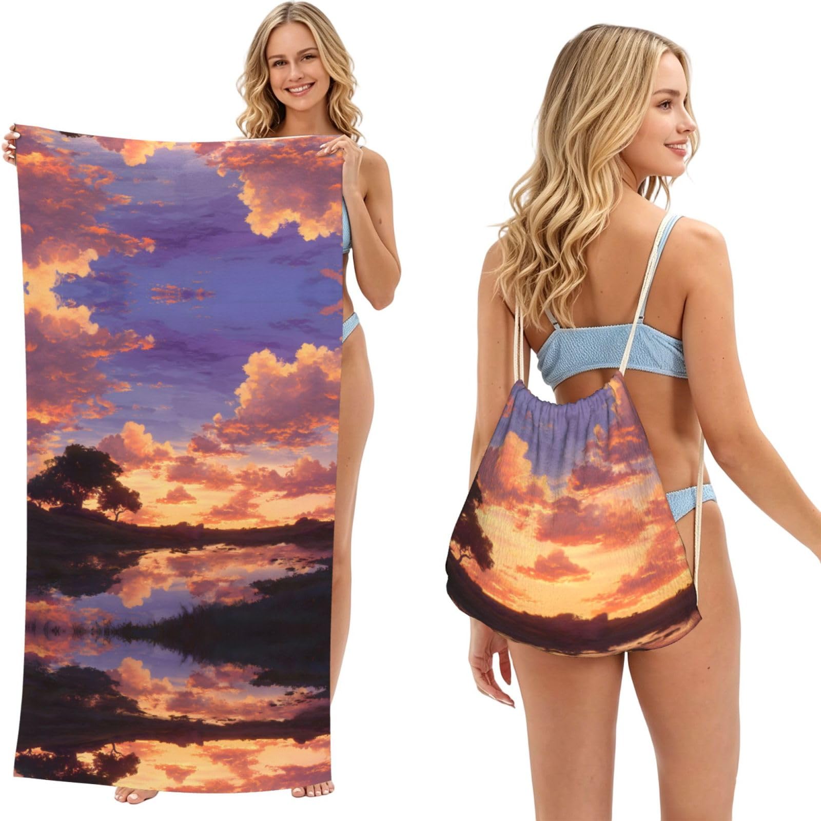 ESNAIUVCD Sunset Glow Print Beach Towel For Adults,Towel With Drawstring Bag, Travel Pool Swimming Sports Shower Sand Free Quick Dry Bath Towel For Pool, Beach, Yoga- 180x60cm