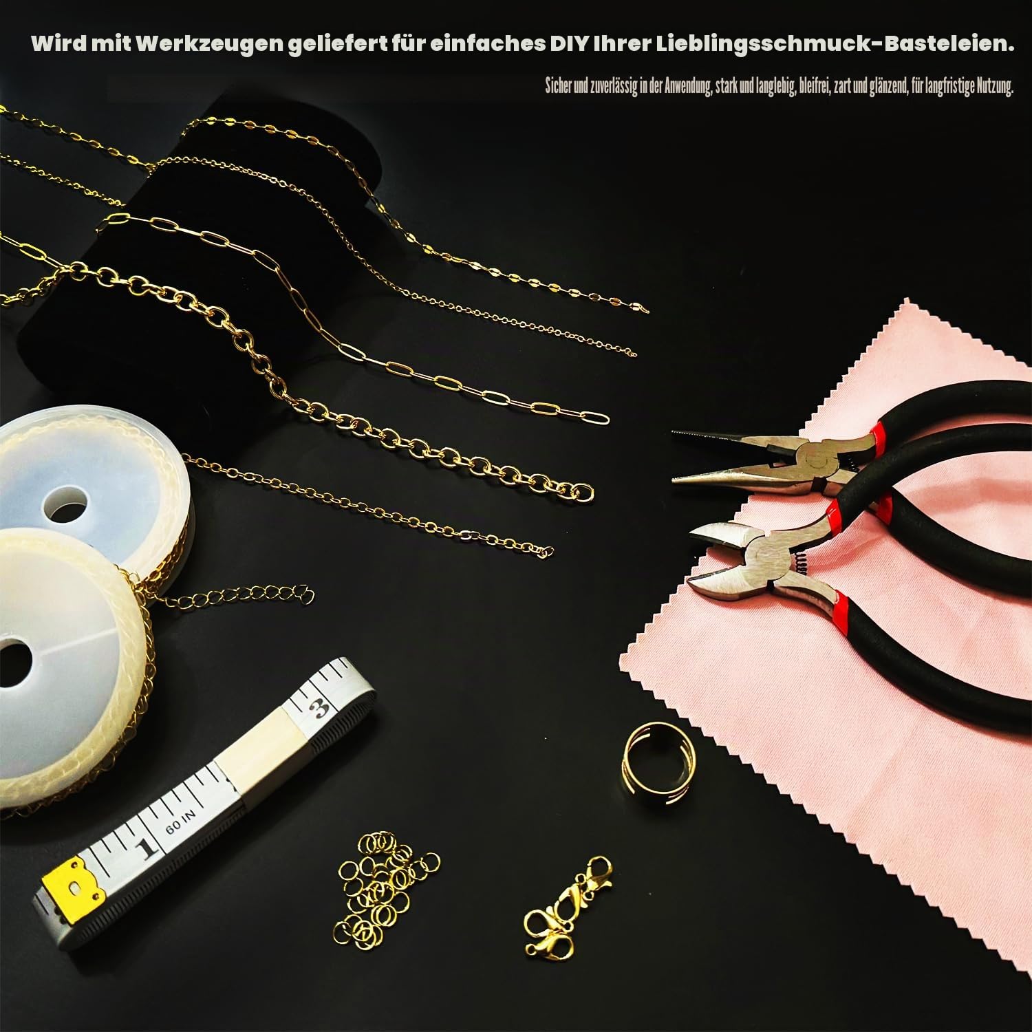 Fesorsi Goldkette zur Schmuckherstellung, 29 m, 12 Rollen, Halskette und Schmuckherstellung, DIY-Armband, nicht anlaufgeschützt, Ketten-Set mit Edelstahl-Bindering, Karabinerverschluss-Zubehör