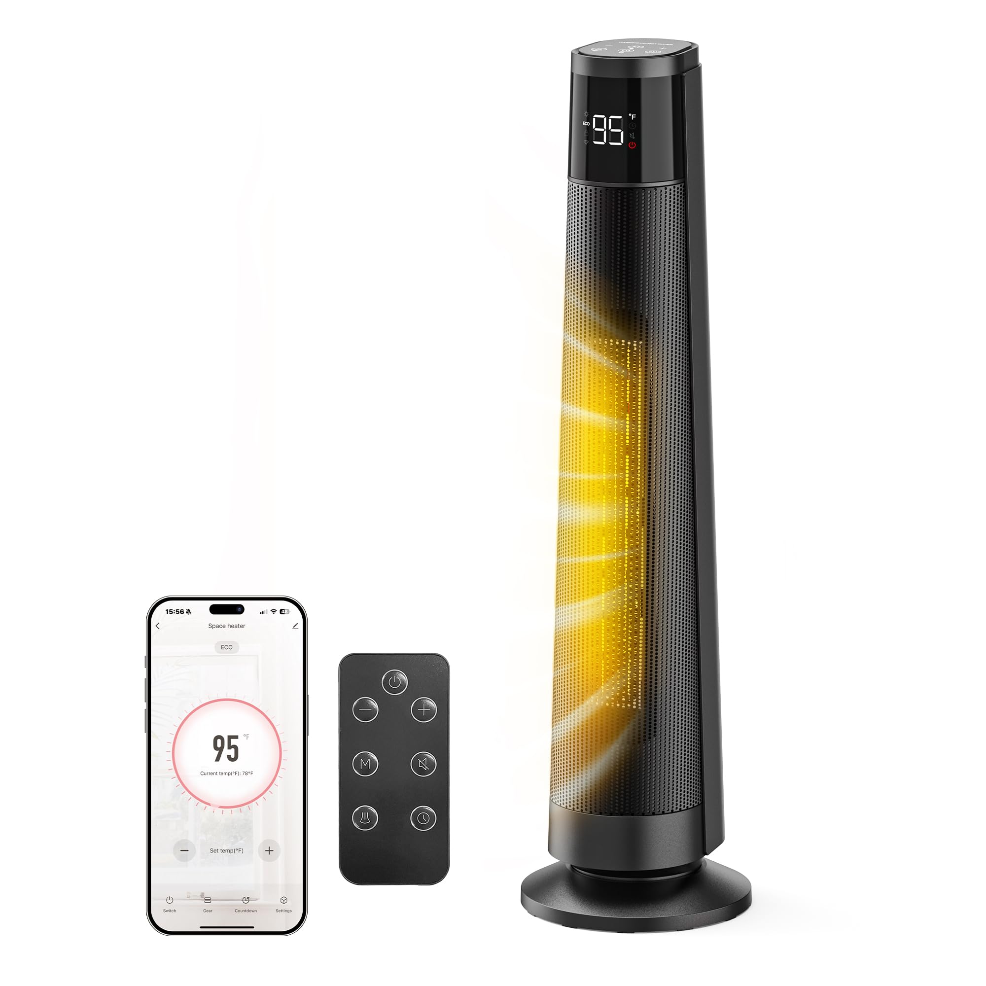 FLANUR 1500W PTC Ceramic Smart Space Heaters for Indoor Use, Portable Heater with Remote & App Control for Large Room, Office, ECO Modes, Safety Protection, 70° Oscillation, 12H Timer, Black, 1 Pack