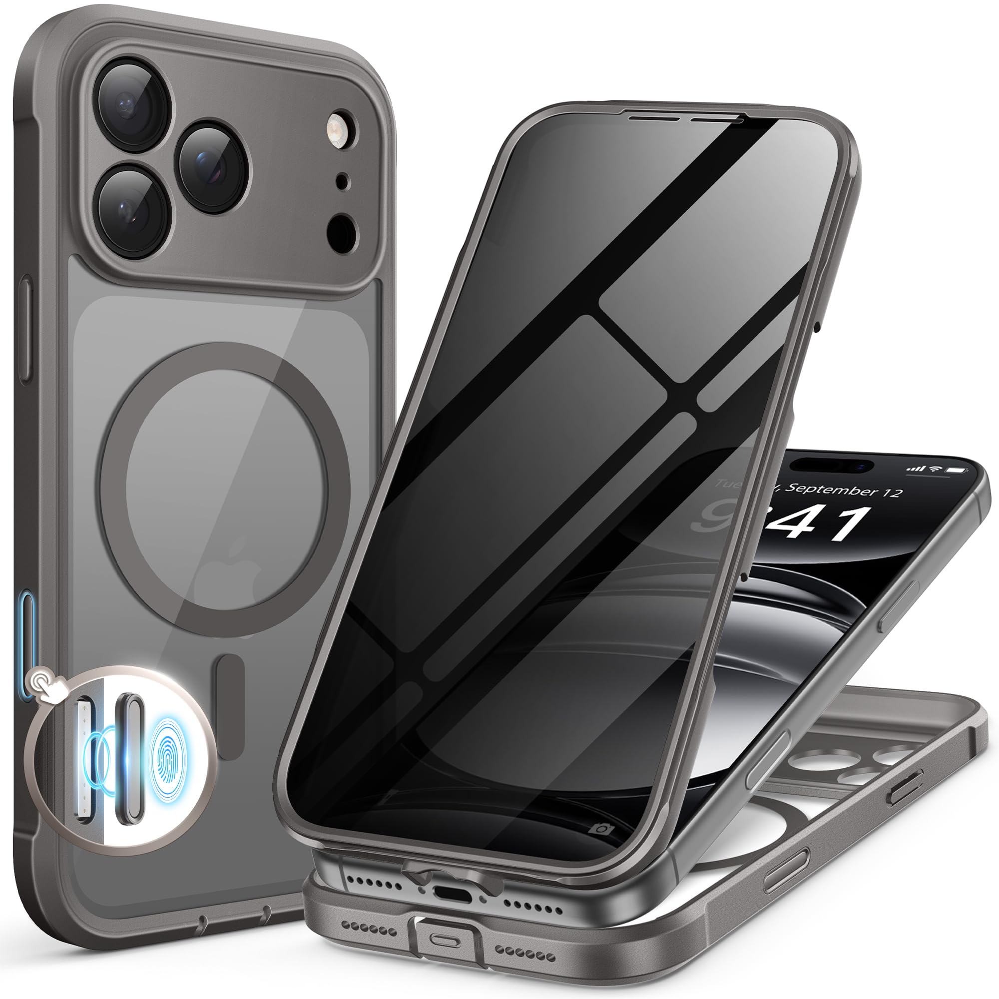 BERFY for iPhone 17 Pro Case, Compatible with MagSafe, Built-in Privacy Screen Protector, Camera Protection, Shockproof Full Body Phone Case 6.3", Clear Gray