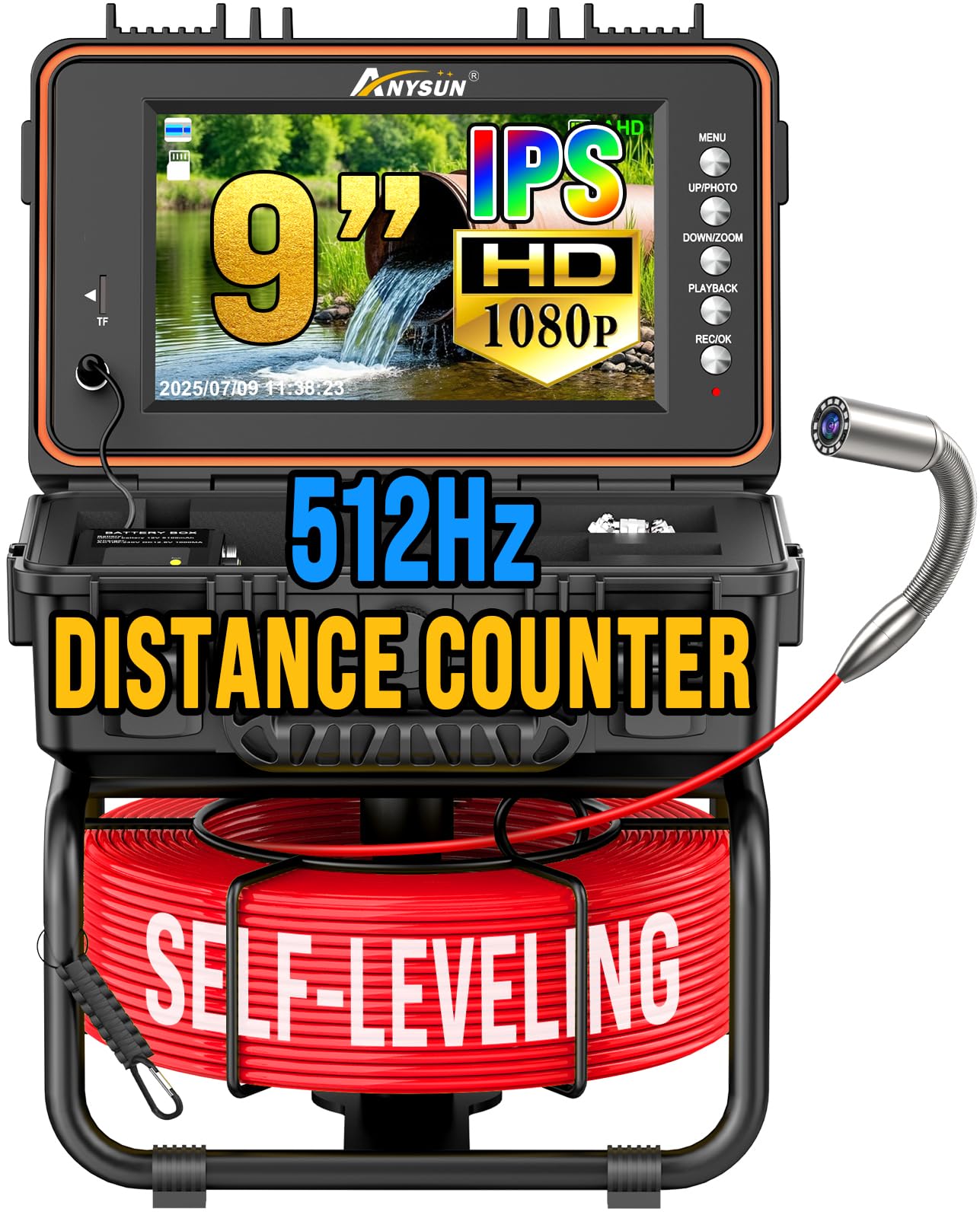 Anysun Caméra Inspection Canalisation Autonivelante avec Sonde 512Hz, Compteur Métrique, Endoscope Industriel Plomberie 1080P, Écran IPS 9", DVR, 23mm Caméra IP68 Étanche pour Détection Fuite Bouchon
