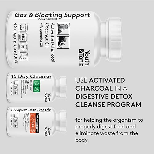 Miniatura 6 de Pastillas de carbón activado para aliviar la hinchazón y los gases con menta y aceite de coco orgánico  Polvo de carbón activo en cápsulas líquidas