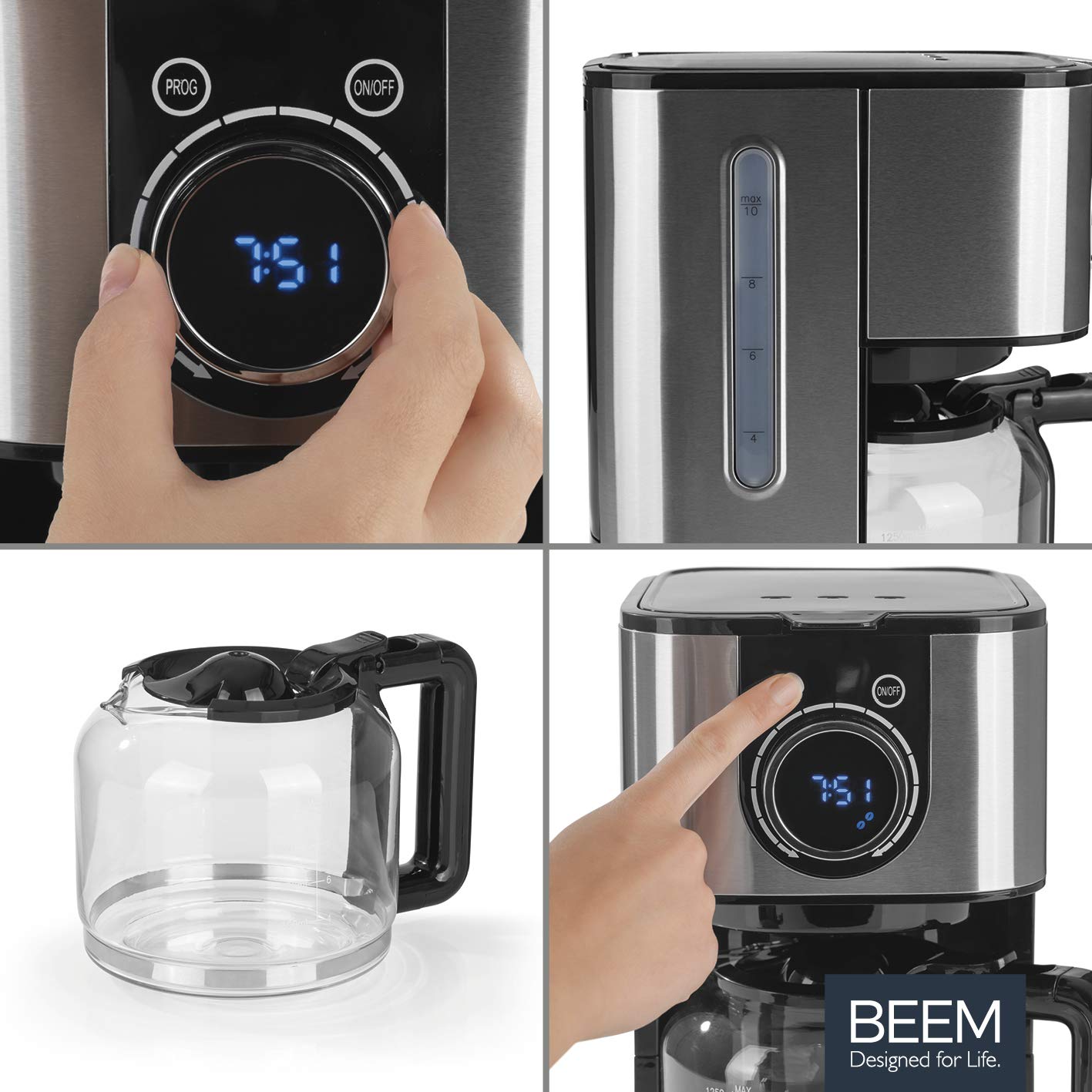 BEEM FRESH-AROMA-SWITCH cafetera de filtro - vidrio | acero inoxidable | jarra de vidrio de 1,25 l | elegante rueda de control | temporizador de 24 horas | 800 W | para 4-8 tazas
