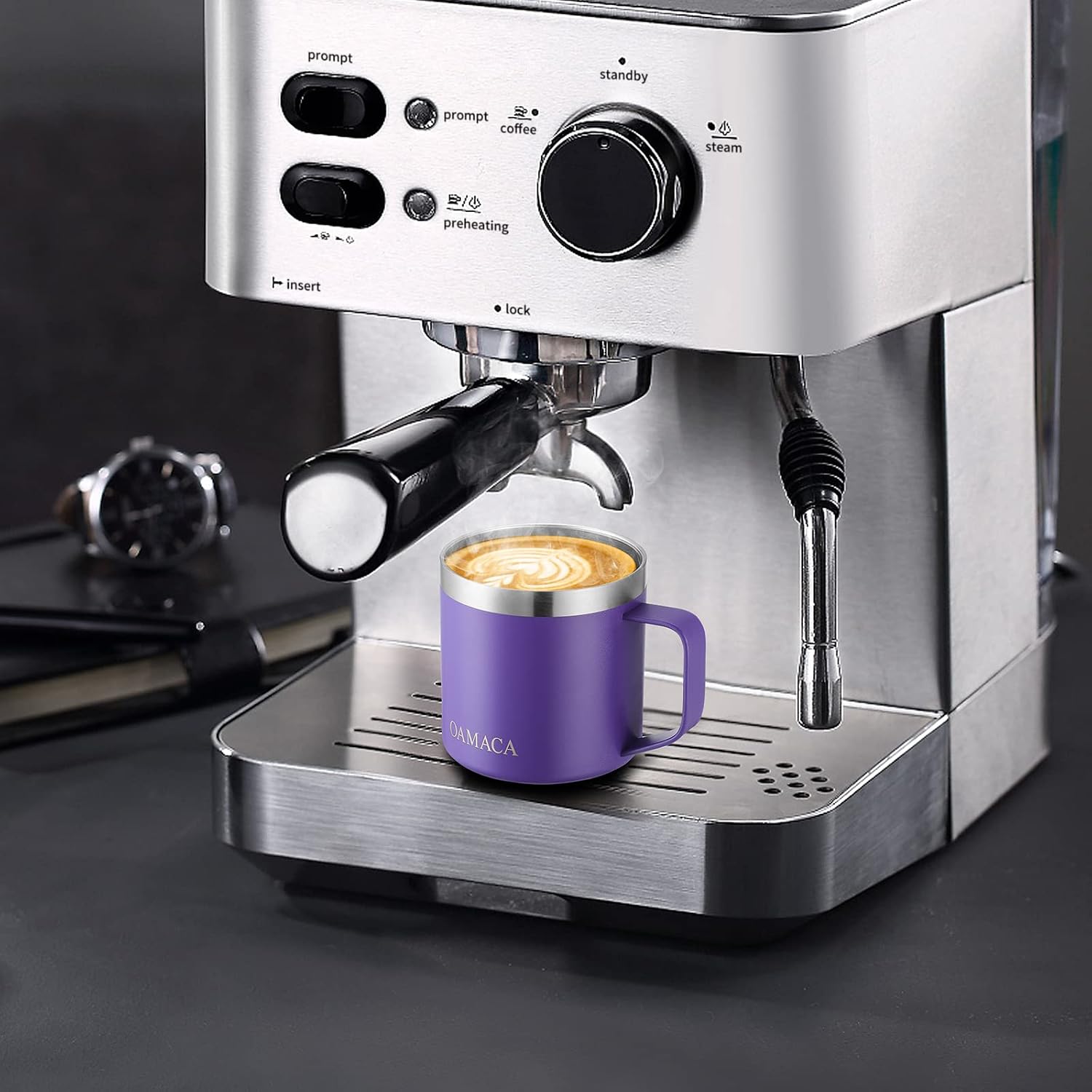 Oamaca 14OZ Coffee Mug with Lid, Vacuum Insulated Travel Tumbler with Handle,Double Wall Stainless Steel Powder Coated Mug Cup,Spill-proof Thermos Cup for Hot & Cold Drinks for Home Office,Purple