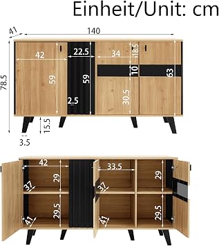 ModernLuxe Sideboard with Glass and LED Lighting, Versatile Modern Storage Cabinet, Color-Coordinated Living Room Cabinets in Wood and Black with Ample Storage Space, 140×41×78.5cm