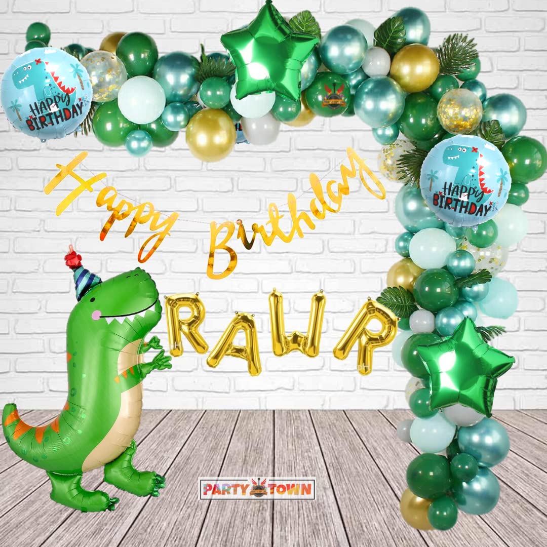 Party Town™ Dinosaur theme decoration combo for boys and girls theme birthday party with Metallic balloons | Dinosaur foil balloons | Star foil | Balloon arc | Glue dots - (Pack of 67) (Dinosaur)