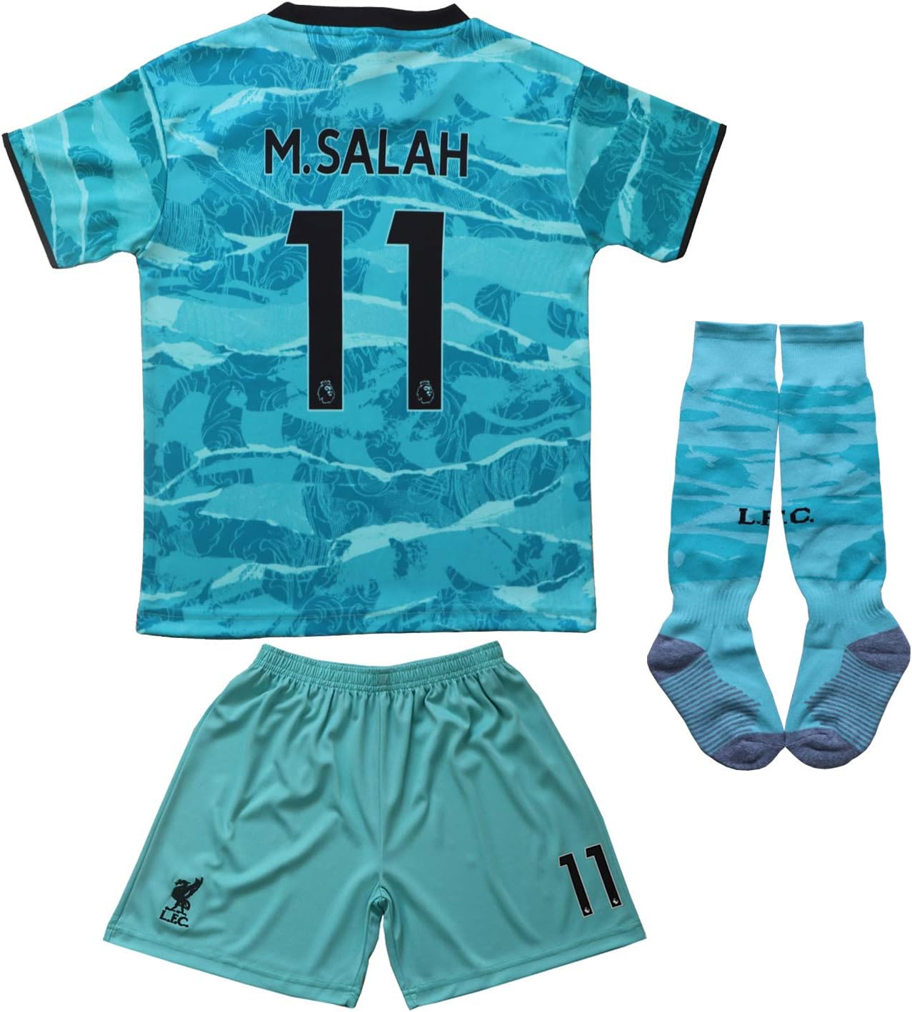 BIRD BOX 2020/2021 Liverpool Away #11 Mo Salah Blue Soccer Kids Jersey Shorts Socks Set Youth Sizes (Blue, 24 (6-7 Years))