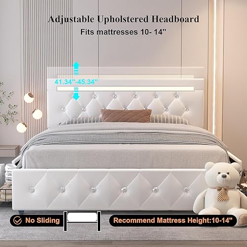 Miniatura 3 de Benevika Base de cama tamaño Queen con 4 cajones y cabecera LED ajustable, plataforma tapizada de piel sintética con estación de carga, soporte de