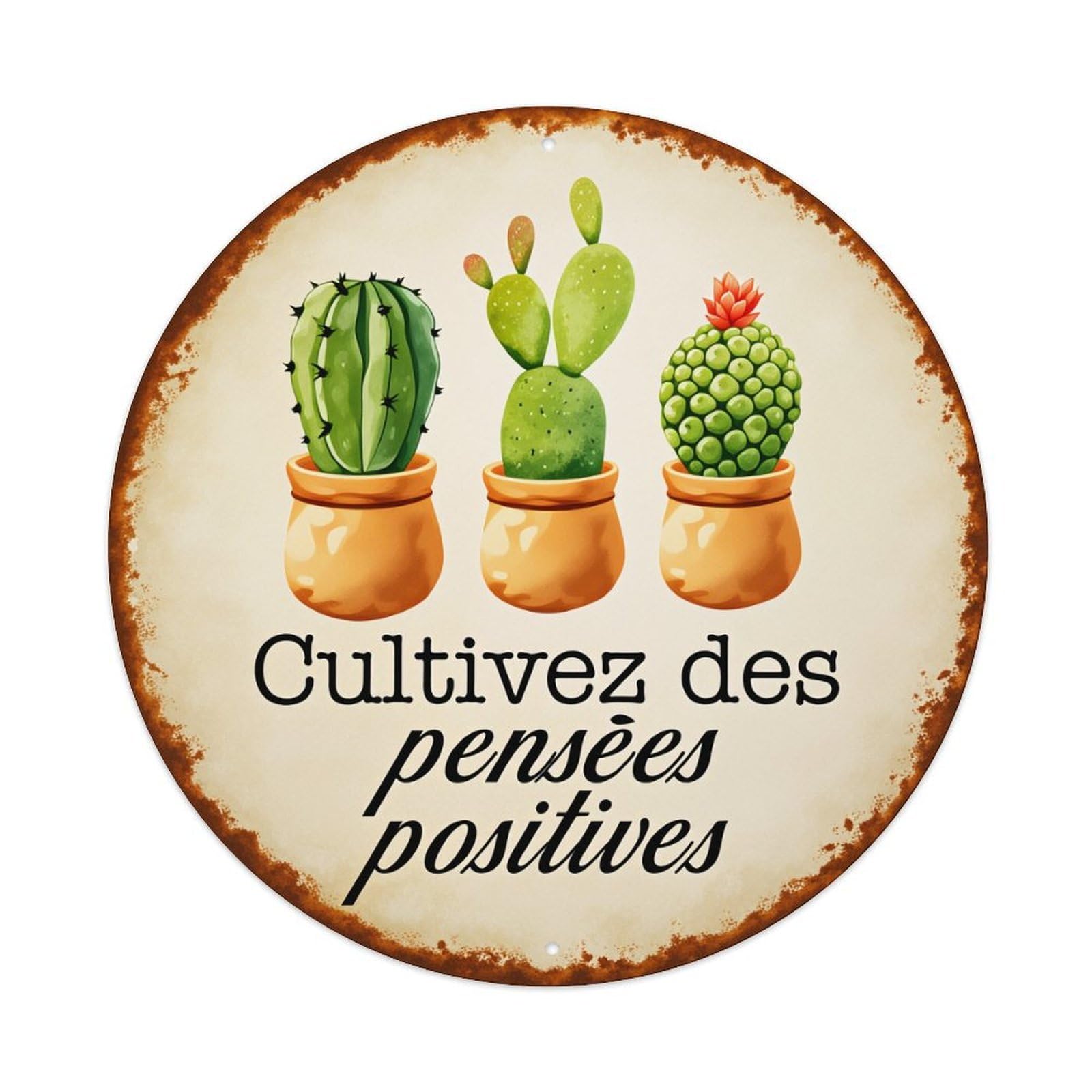 Cactus Pots Positive Thoughts Cultivate Round Tin Sign Vintage Style Metal Sign Home Bar Garden Wall Plaque Decor Metal Poster 8x8 Inch
