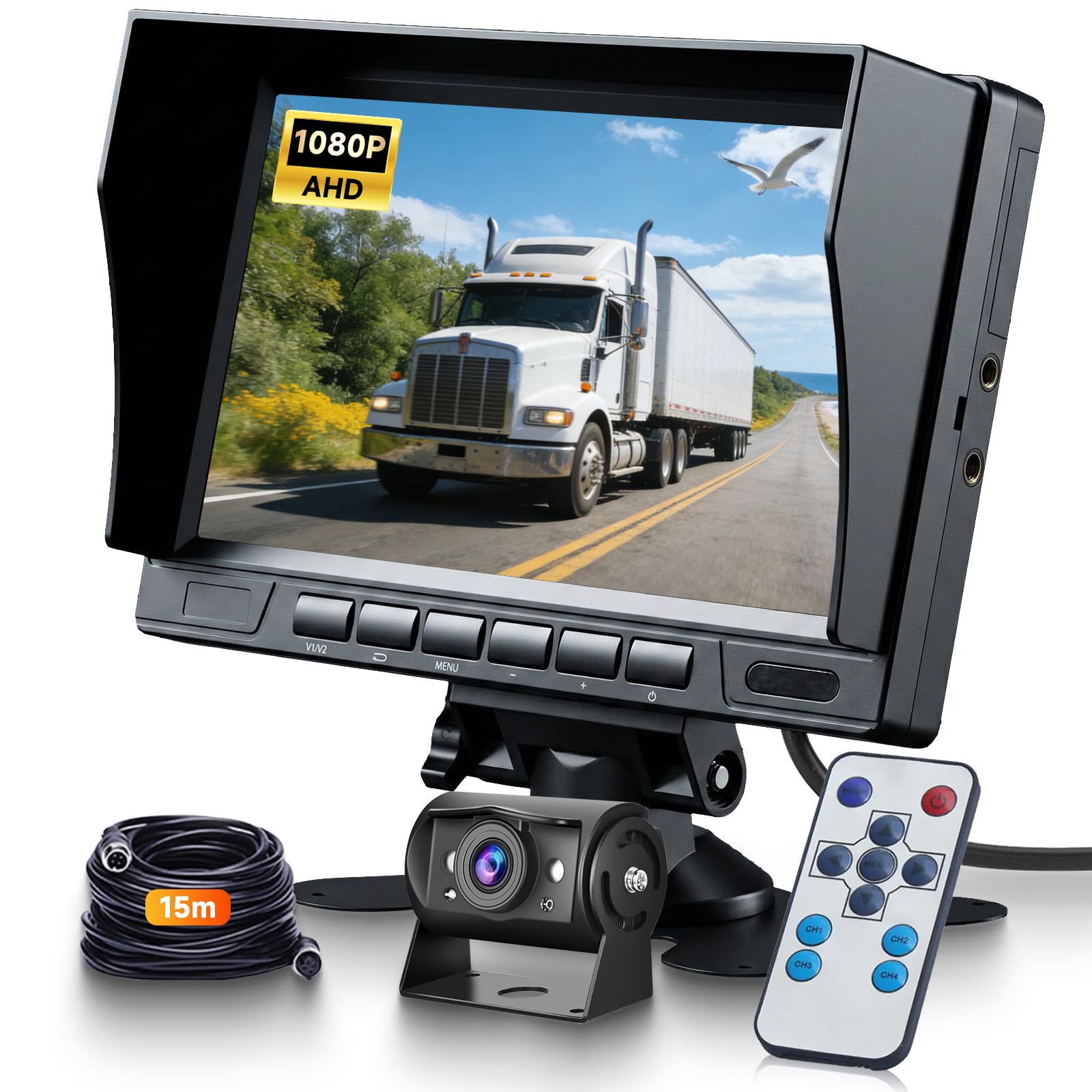 Hodozzy Cámara de Marcha Atrás Kit con 1080P Pantalla 7 Pulgadas IPS Monitor para Cámara de Visión Trasera de Visión Nocturna y Impermeable IP69, Conector de Aviación Cámara Cable 12V-24V para Camión
