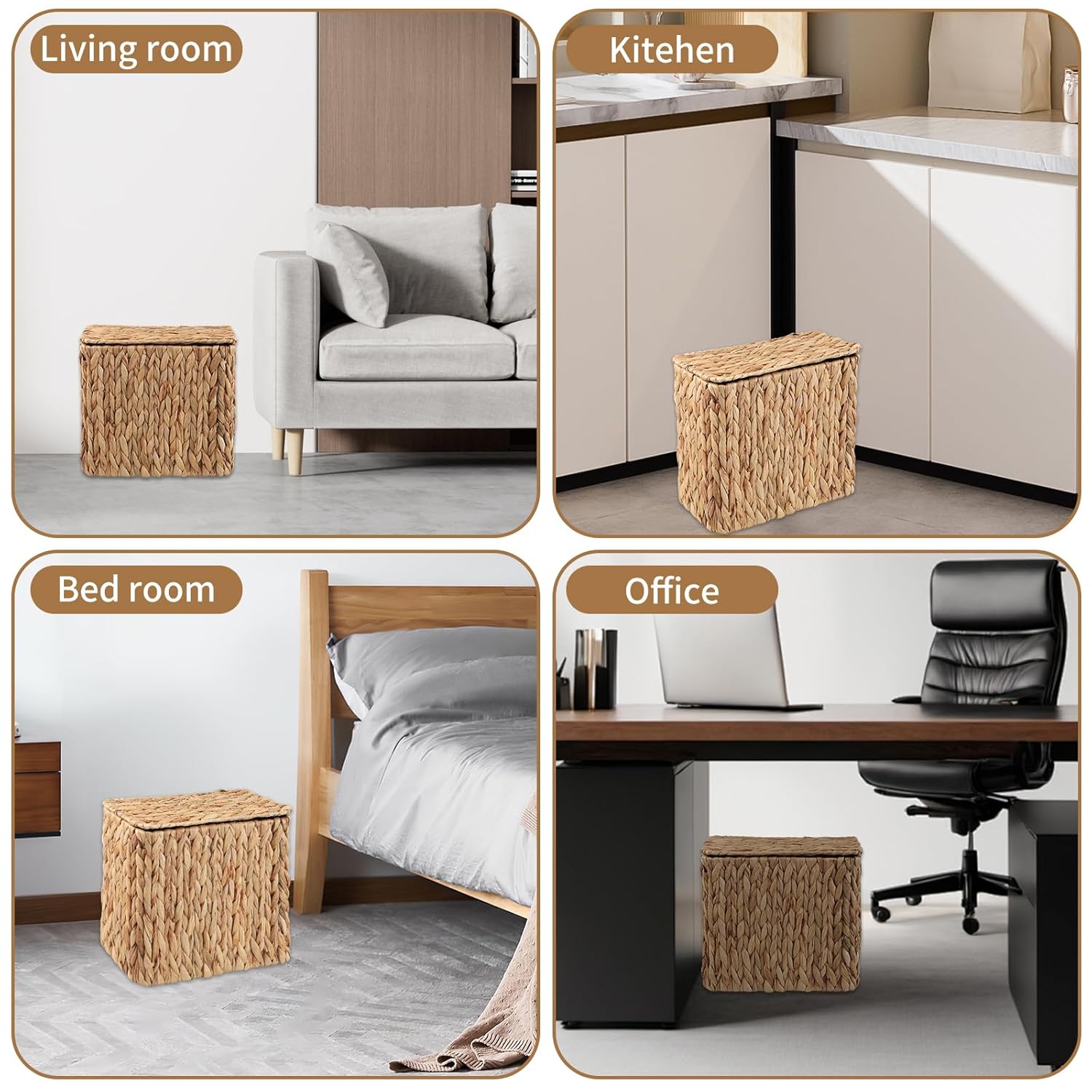 Wicker Trash Can with Lid and Liner, Bathroom Trash Can with Lid, Natural Water Hyacinth Wicker Waste Basket, Boho Rattan Garbage Wastebasket for Bedroom Living Room Office Kitchen