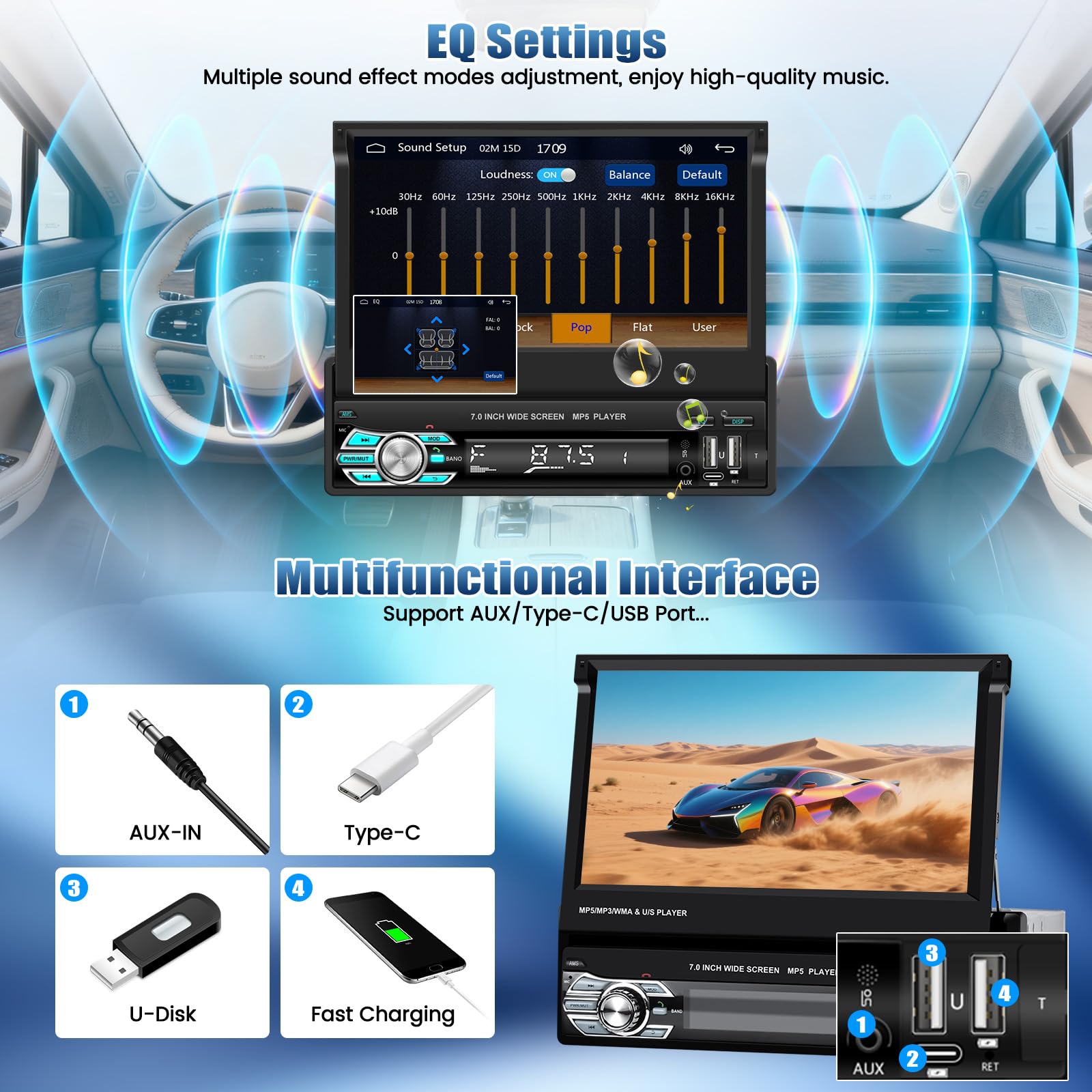 1DIN Autoradio avec Écran Rabattable et Carplay et Android Auto sans Fil, Autoradio 1 DIN à Écran Tactile 7 Pouces avec Bluetooth/SWC/USB/FM + Caméra de Recul + Microphone