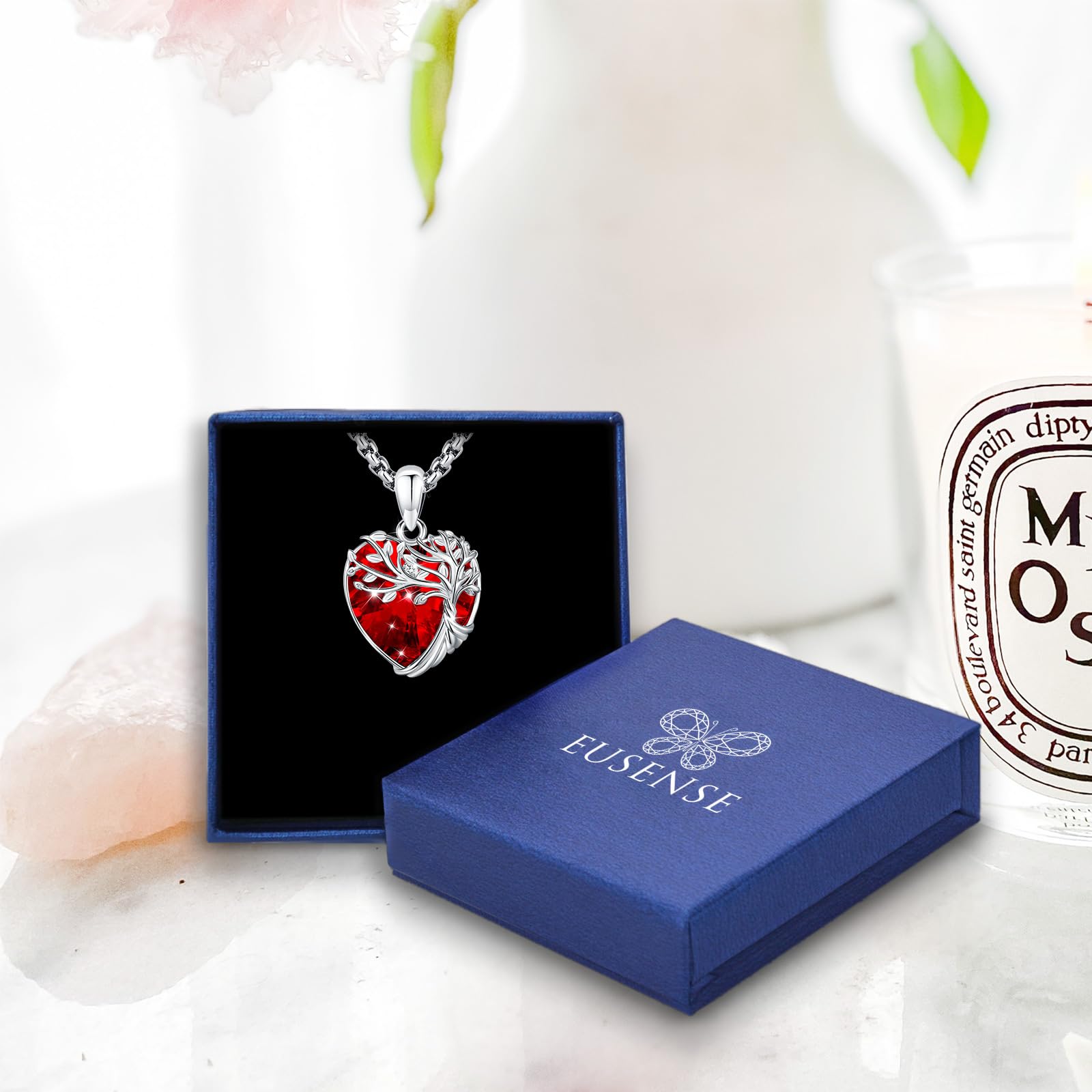 Eusense Collar Árbol de la Vida para mujer Collar Árbol Genealógico Colgante de Piedra Lunar Colgante con Corazón de Cristal Regalo de Joyería para Mamá Joyería Árbol de la Vida