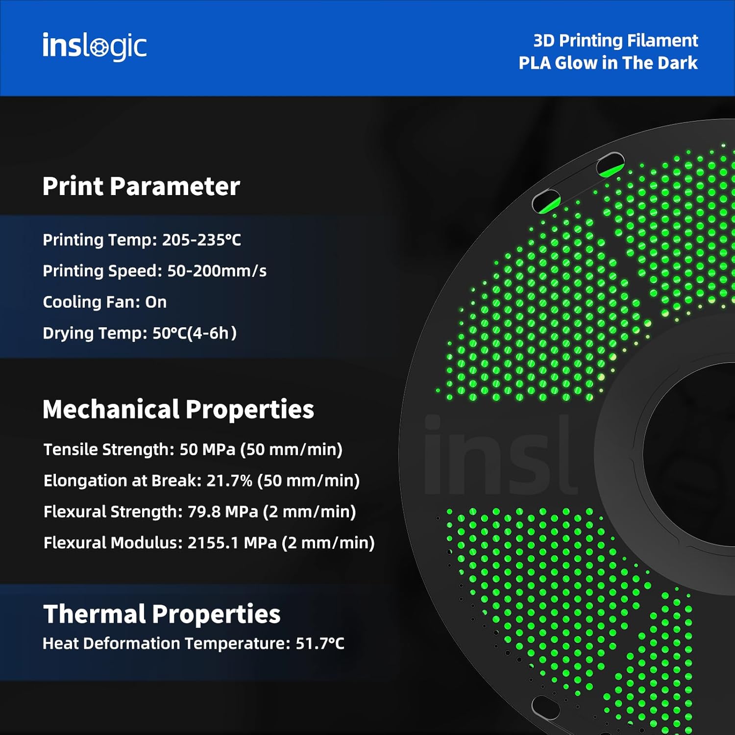Inslogic Glow in the Dark Filament 1.75mm, 1kg (2.2lbs) Neatly Wound Luminous PLA 3D Printer Filament 1.75mm Dimensional Accuracy +/- 0.02mm, Prints Easily on Most FDM 3D Printers(White, Glows Green)