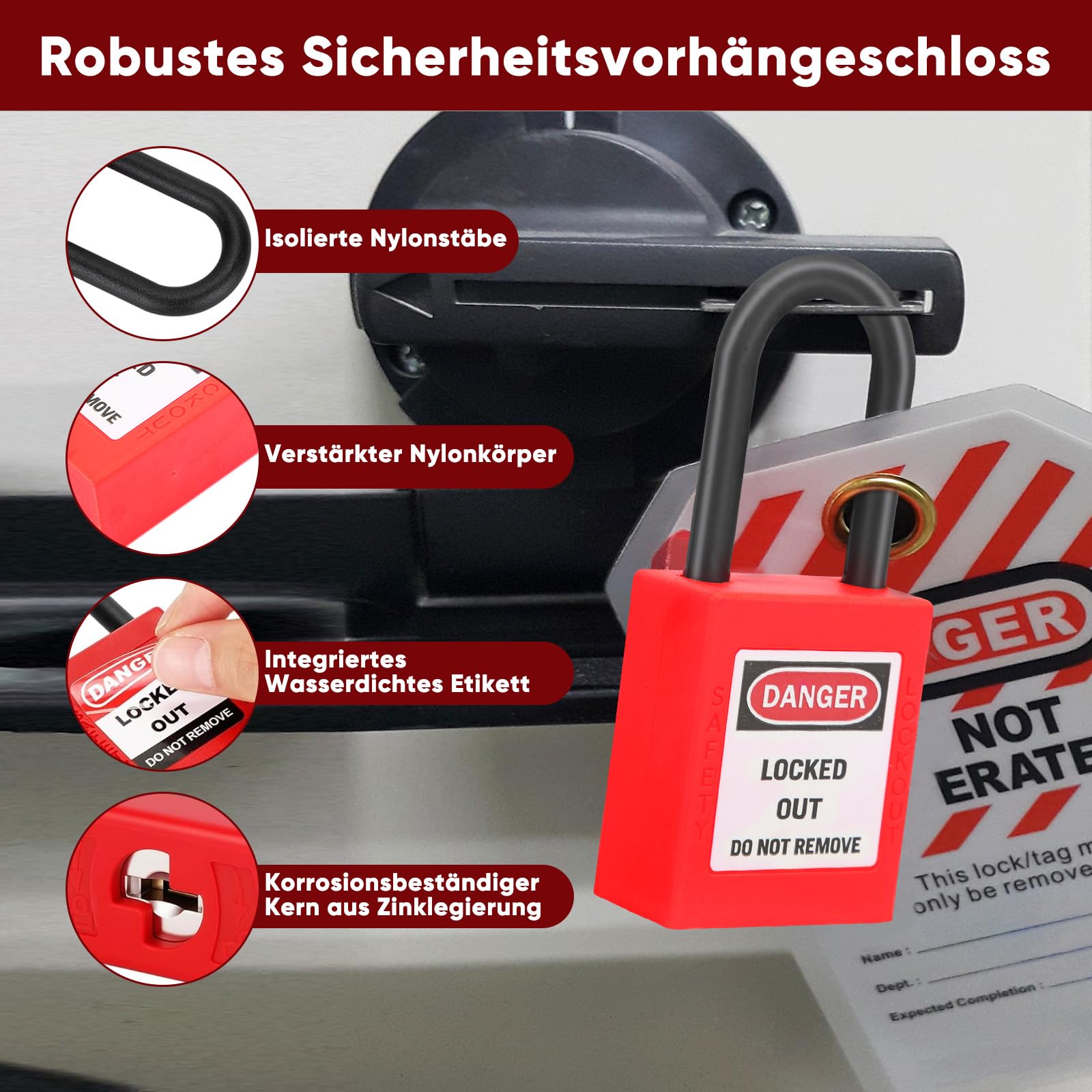 10 lucchetti a catena Lockout Tagout da 38mm, Lucchetto di sicurezza Loto in nylon rosso con 2 chiavi ciascuno, Etichetta scrivibile e stampa di avviso per applicazioni industriali