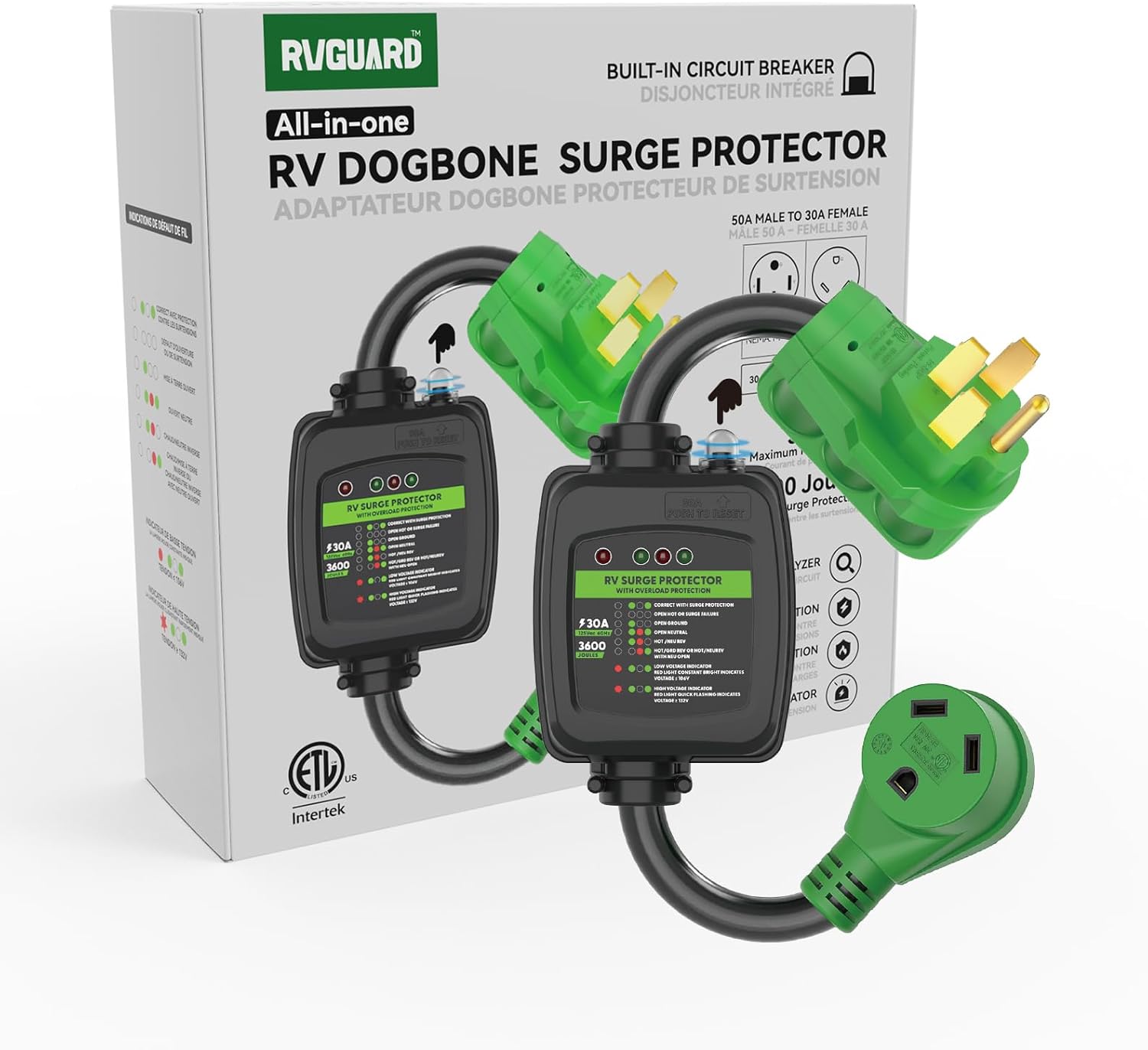 RVGUARD Surge Protector 50 Amp to 30 Amp RV Adapter Cord with Overload Protection, NEMA 14-50P to NEMA TT-30R Electrical Power Adapter, 2 Feet, Green, ETL Listed