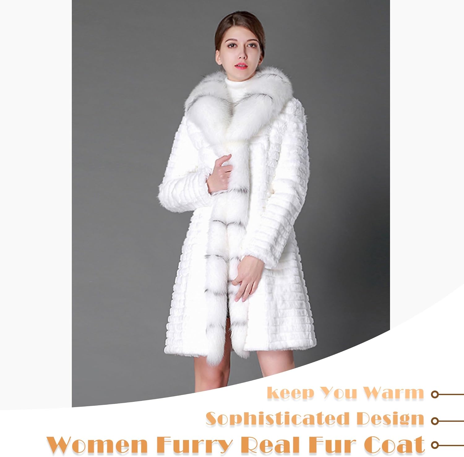 Fur Story Women's Long Real Rabbit Fur Coat with Fox Fur Placket Coat - Image 5