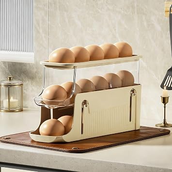 Egg Holder for Fridge, Rolling Egg Holder for Refrigerator, Automatic Egg Dispenser Organizer, Egg Storage Container Rack for Refrigerator Countertop, Space Saving Fridge Organizer Creamy White