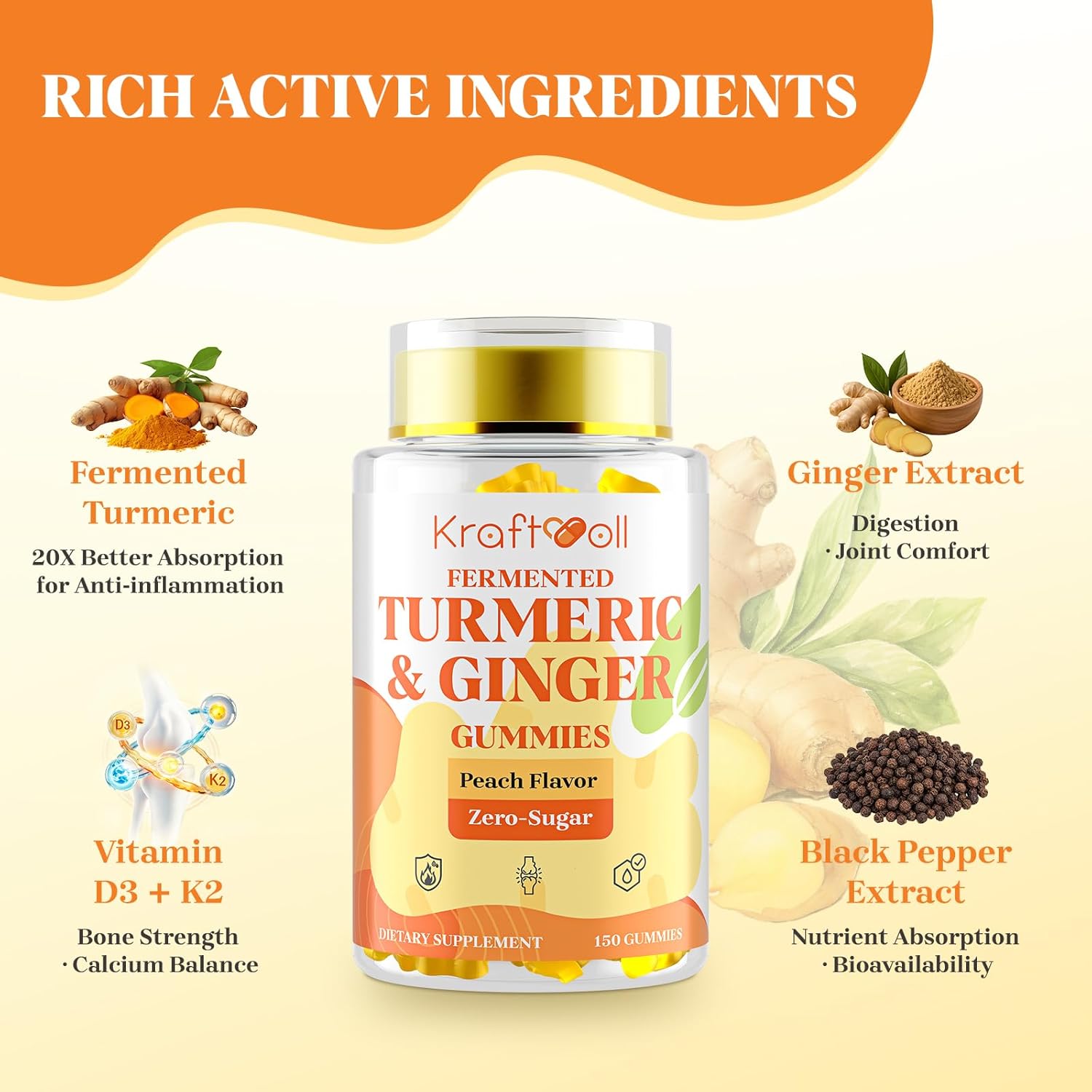 Turmeric Curcumin with Ginger Gummies, Vegan Formula with Fermented Turmeric & Black Pepper, Joint Comfort & Mobility, Sugar-Free with Vitamin D3 + K2, Natural Peach Flavor – 150 Gummies (2 Bottles) - Image 2