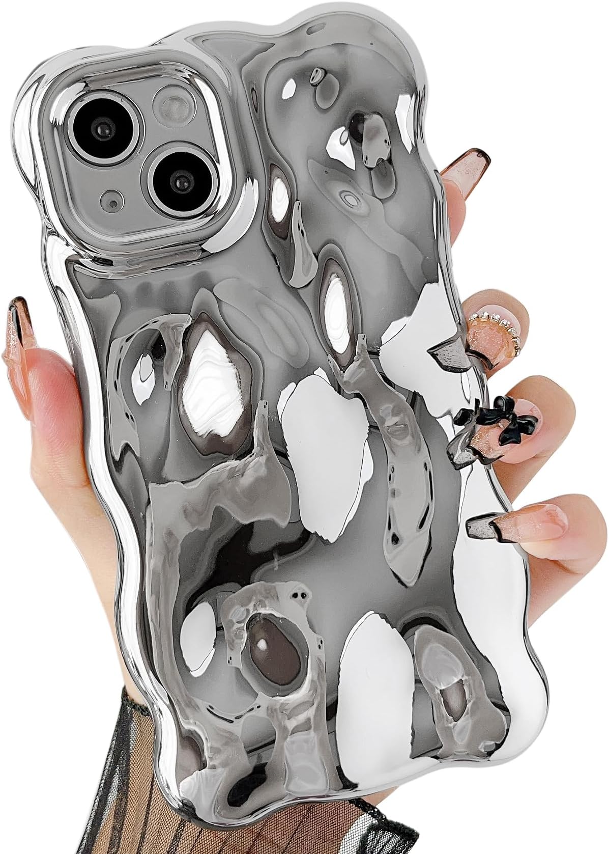 Qokey for iPhone 13 Case (2021 6.1"),Bling Glitter Cute Curly Wavy Design Laser 3D Stone Pattern Shockproof Camera Lens Protection Compatible for iPhone Case fits with iPhone 13 6.1",Plated Silver