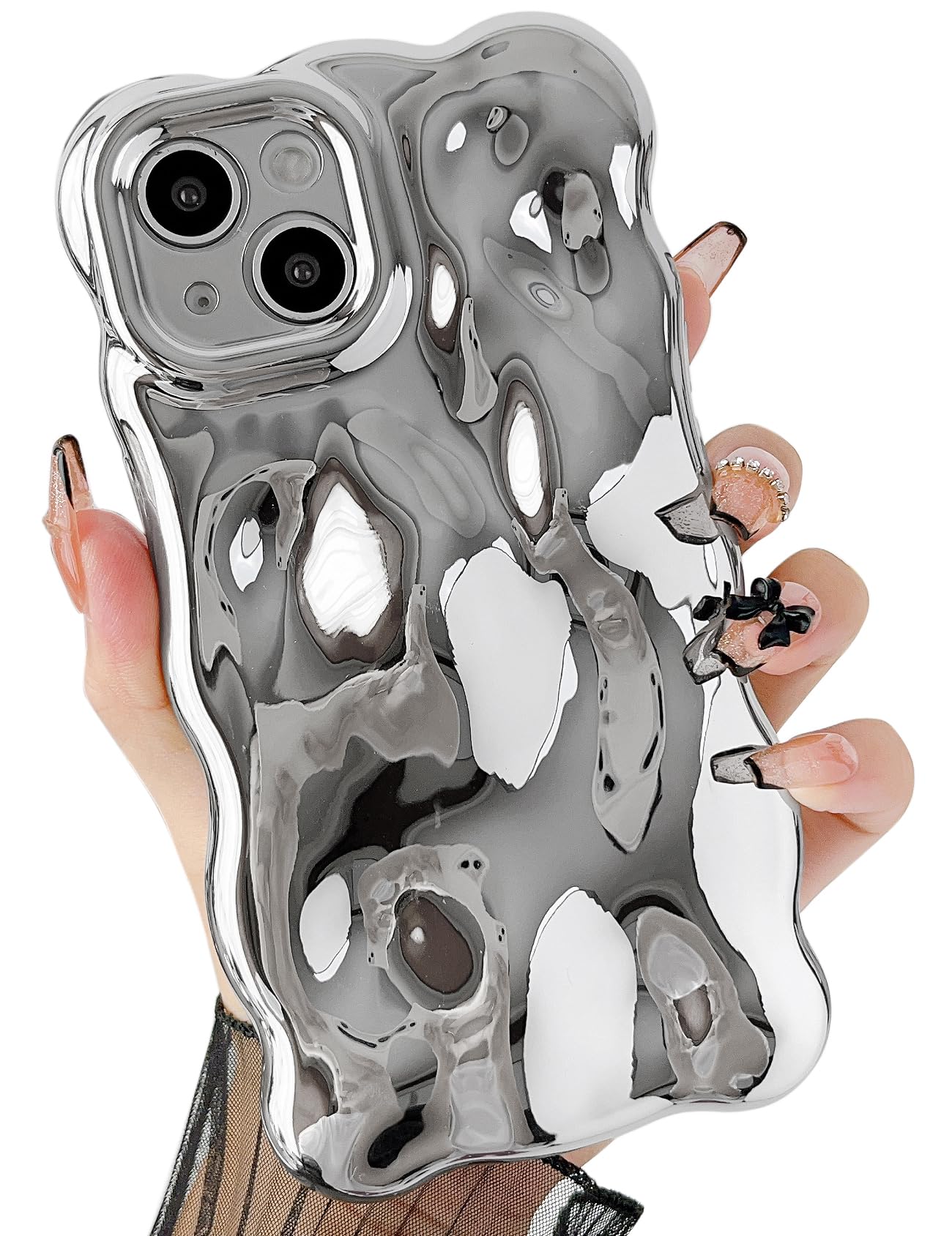 Qokey for iPhone 13 Case (2021 6.1"),Bling Glitter Cute Curly Wavy Design Laser 3D Stone Pattern Shockproof Camera Lens Protection Compatible for iPhone Case fits with iPhone 13 6.1",Plated Silver