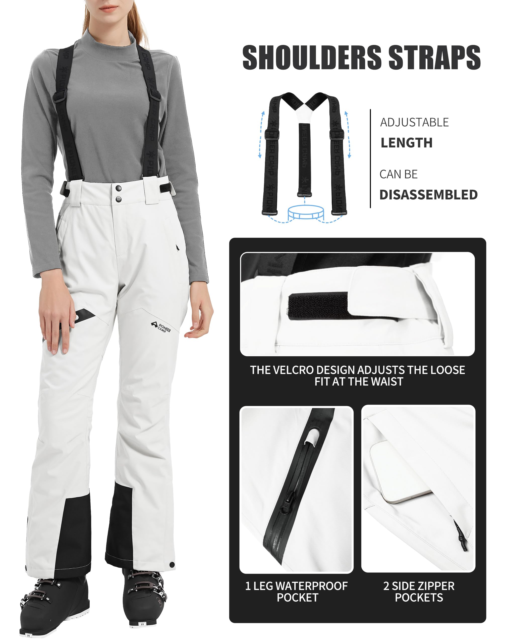 Pioneer Camp Pantaloni da Sci da Donna Cuciture Nastrate Impermeabili Ghette da Neve Integrate Ginocchio Articolato Bretelle Staccabili Regolabili Pantaloni Softshell Invernali da Esterno