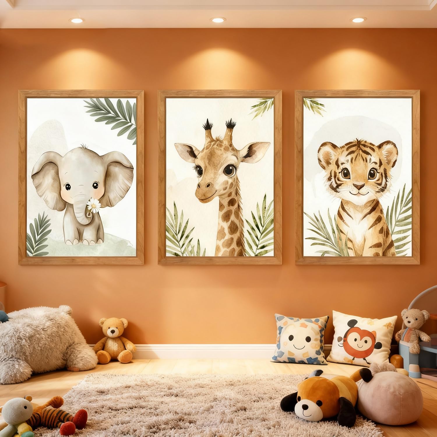 3 Set Safari Nursery Wall Decor, 11x16 Inch Framed Cute Giraffe Elephant Tiger Print Sign, Jungle Theme Cartoon Animal Wall Art for Baby Girl Boy Room Decoration, Natural
