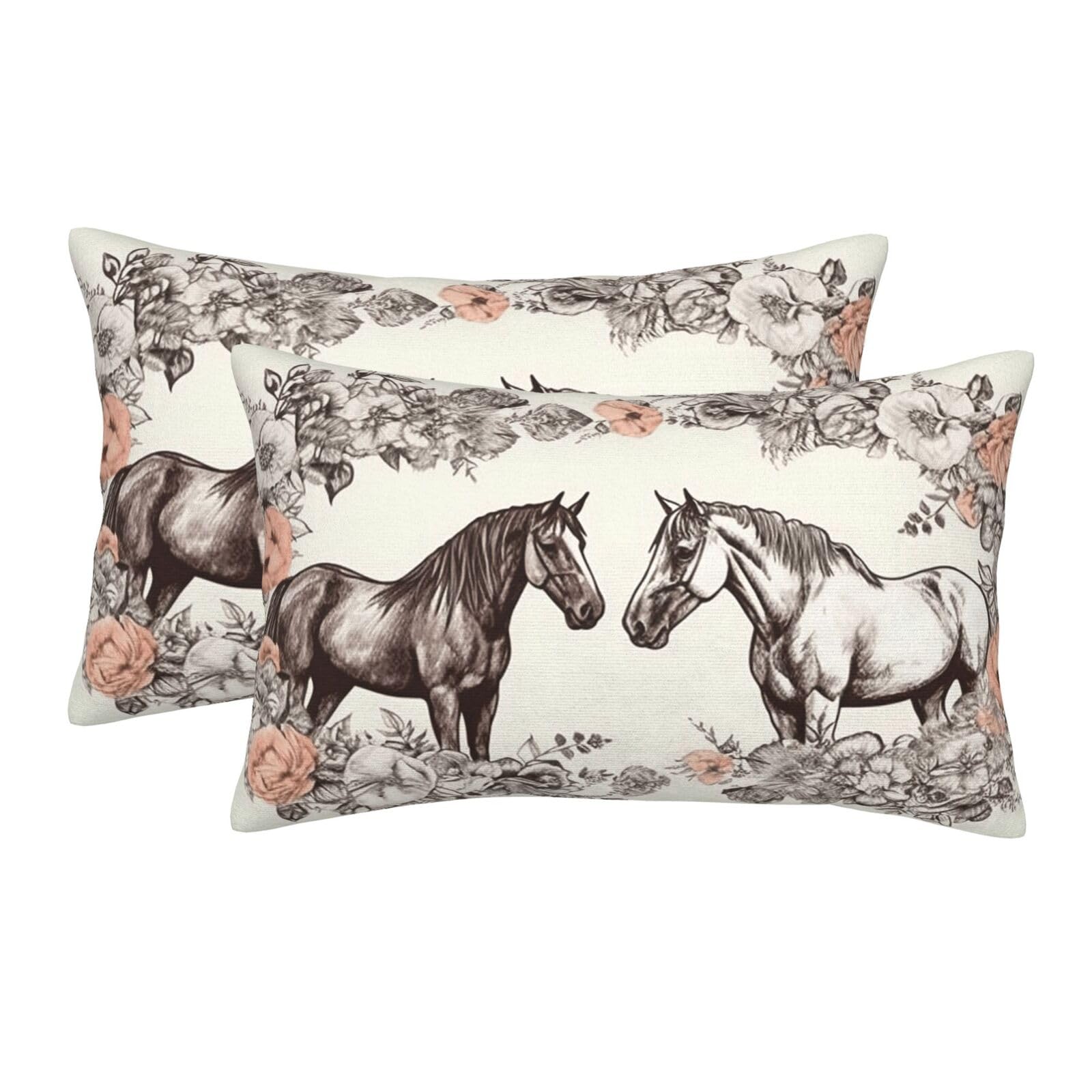 2 Pack Standard Size Pillow Cases for Hair and Skin Soft Breathable Pillow Case Covers with Hidden Zipper Flowers and Horses Hand Drawn Pillowcase 20"x30" Pillow Cover for Sleeping Gift